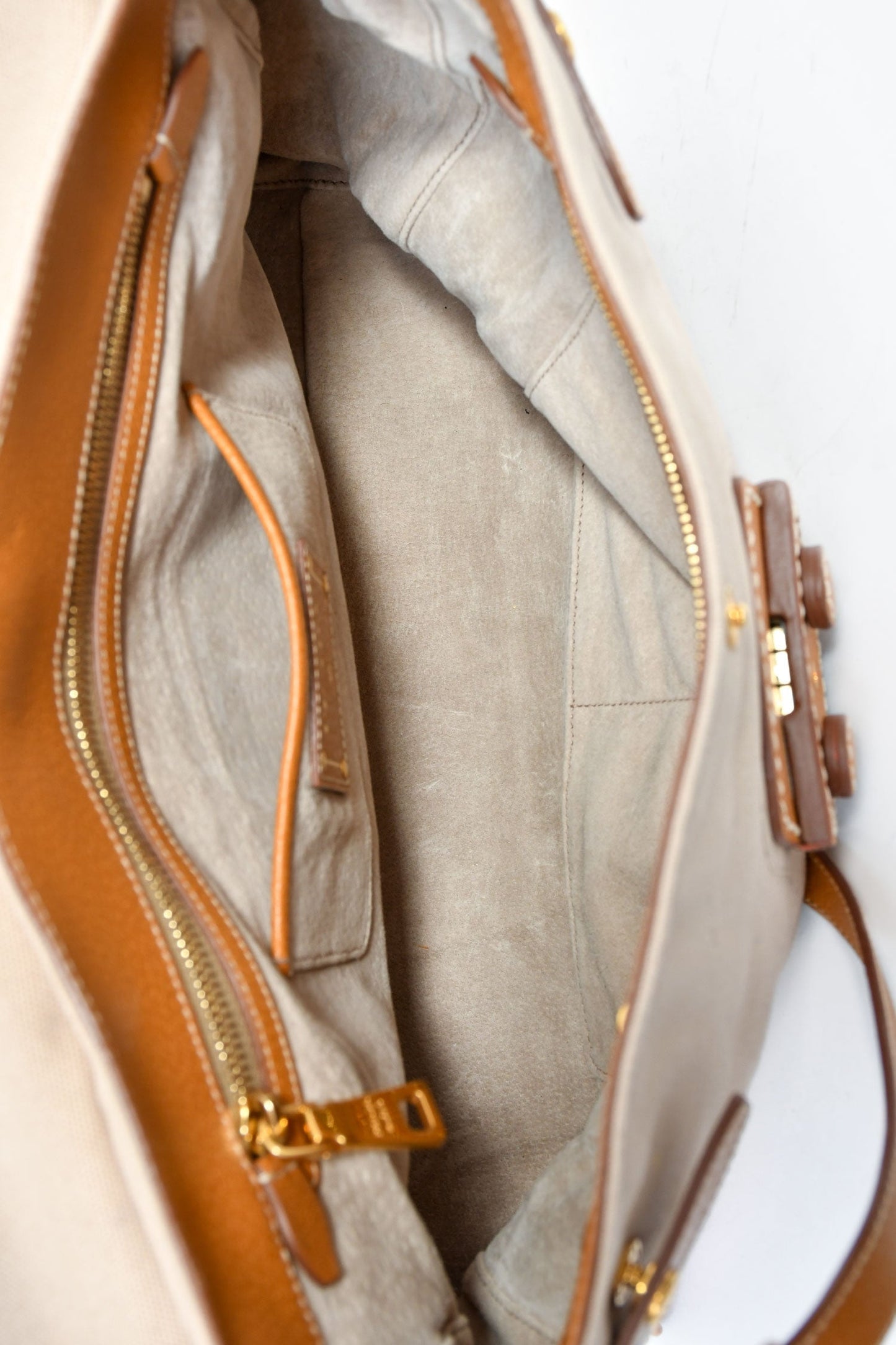 Prada Beige Canvas/Tan Leather Top Handle Messenger Bag