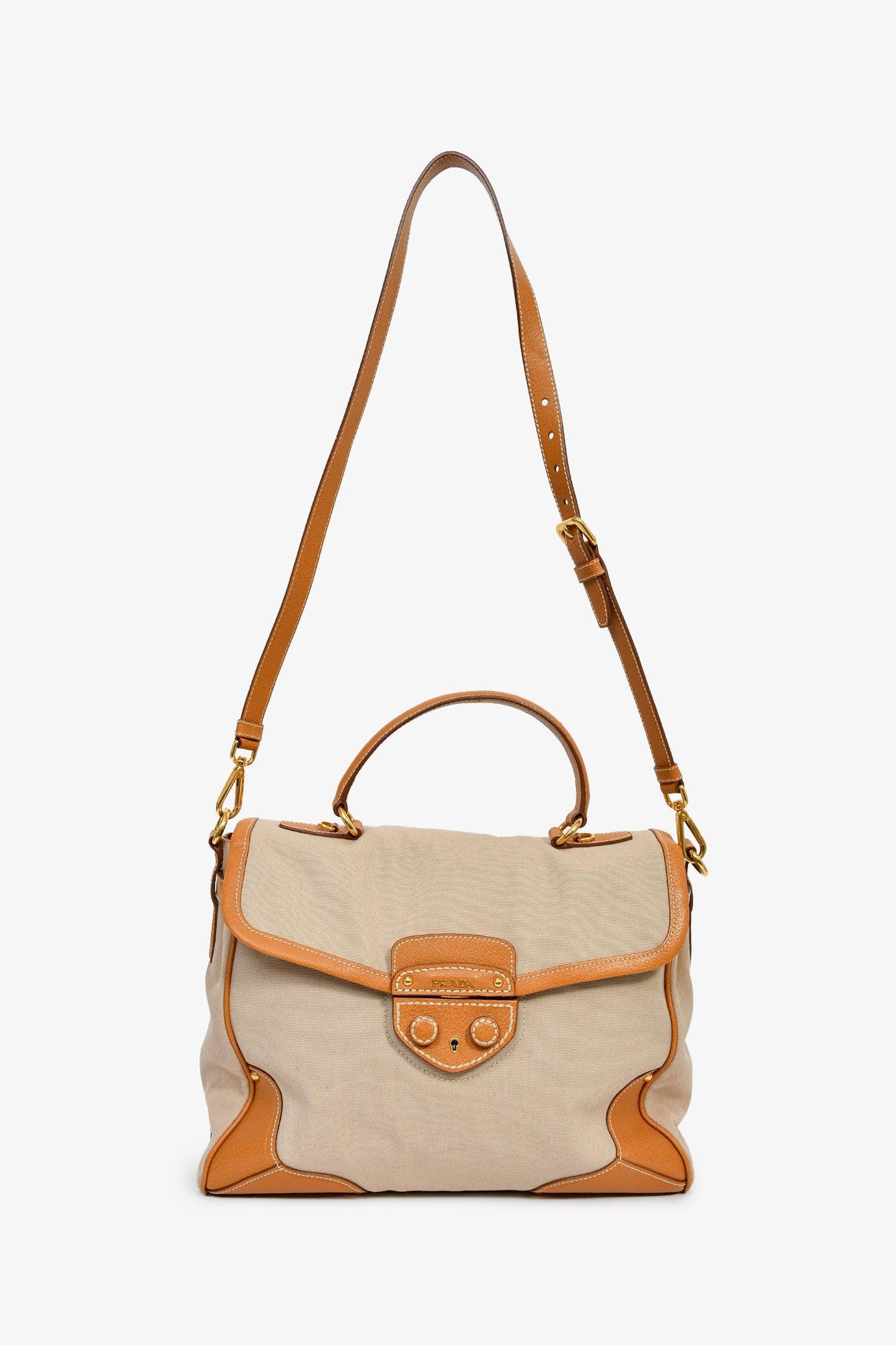 Prada Beige Canvas/Tan Leather Top Handle Messenger Bag