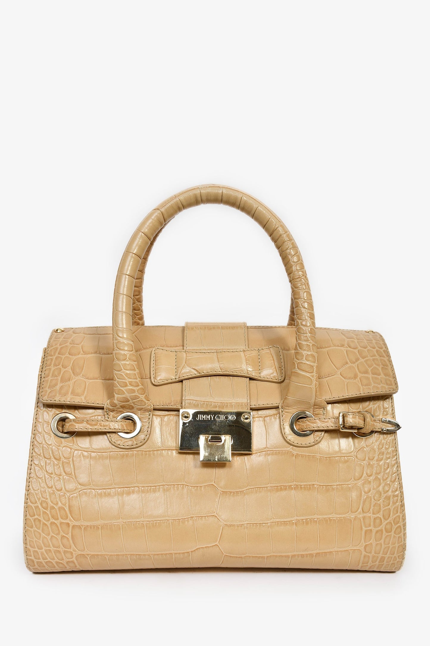 Jimmy Choo Beige Croc Embossed Small 'Rosalie' Top Handle Bag with Strap