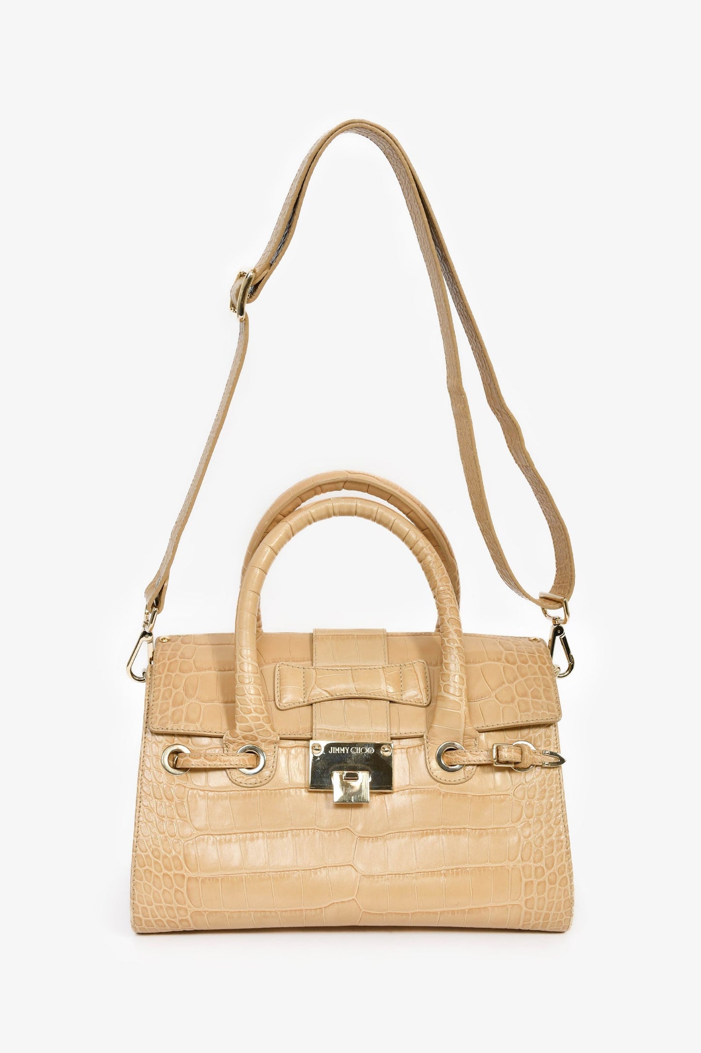 Jimmy Choo Beige Croc Embossed Small 'Rosalie' Top Handle Bag with Strap