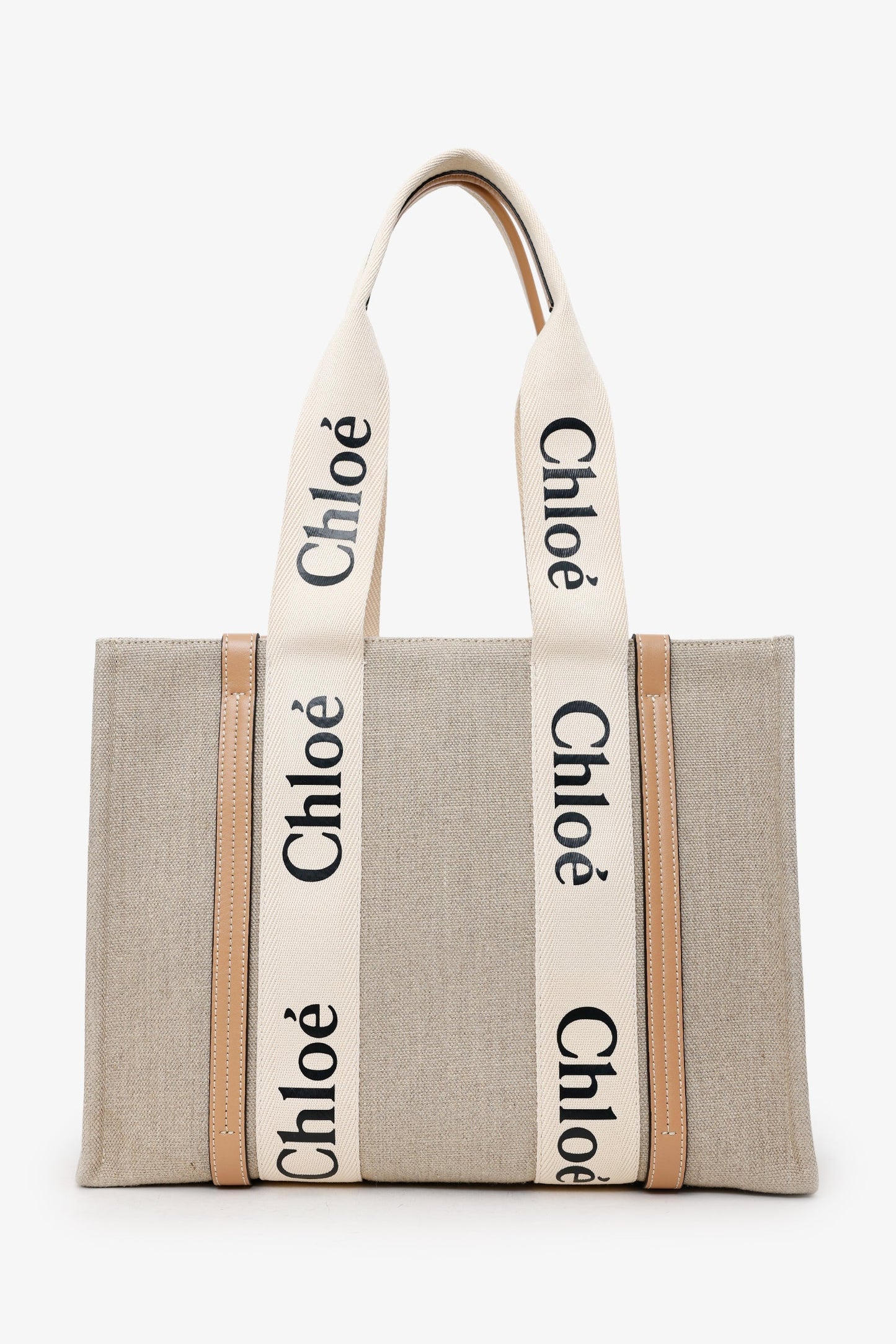 Chloe Beige Fabric Leather Trim Logo Woody Large Tote
