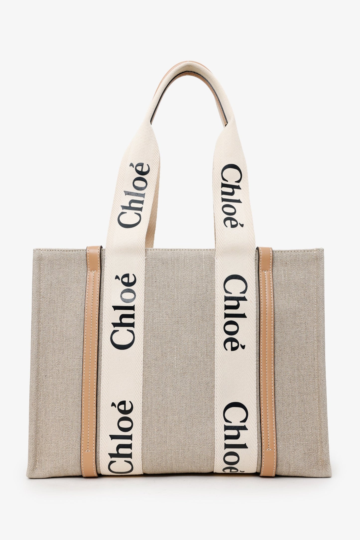 Chloe Beige Fabric Leather Trim Logo Woody Large Tote