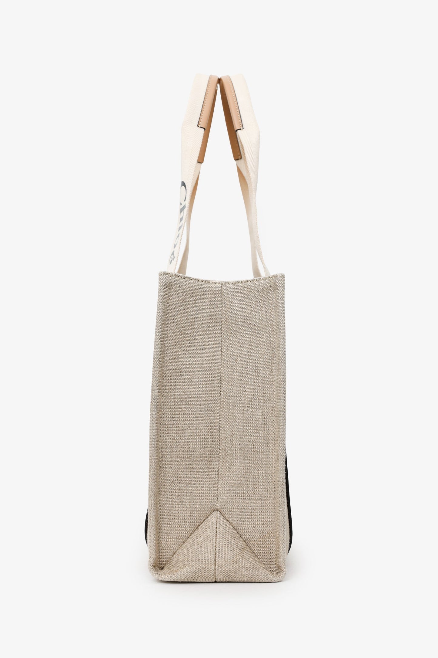 Chloe Beige Fabric Leather Trim Logo Woody Large Tote