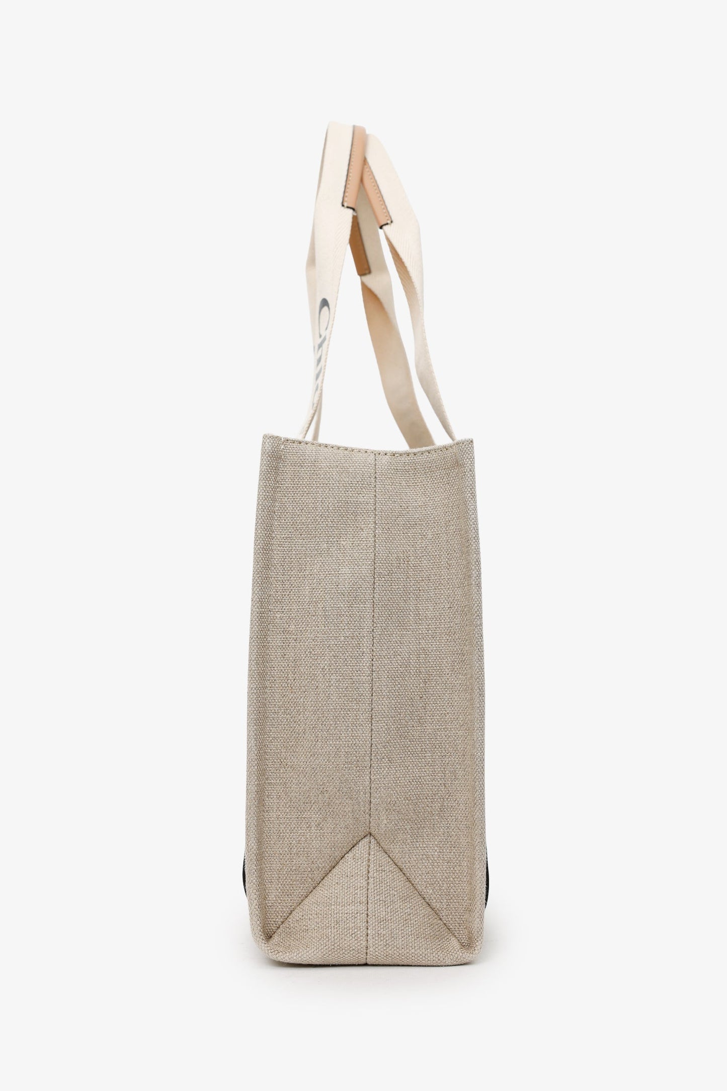 Chloe Beige Fabric Leather Trim Logo Woody Large Tote