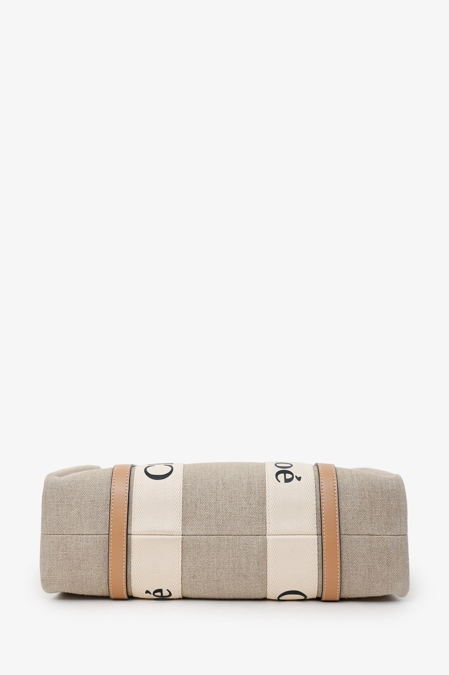 Chloe Beige Fabric Leather Trim Logo Woody Large Tote