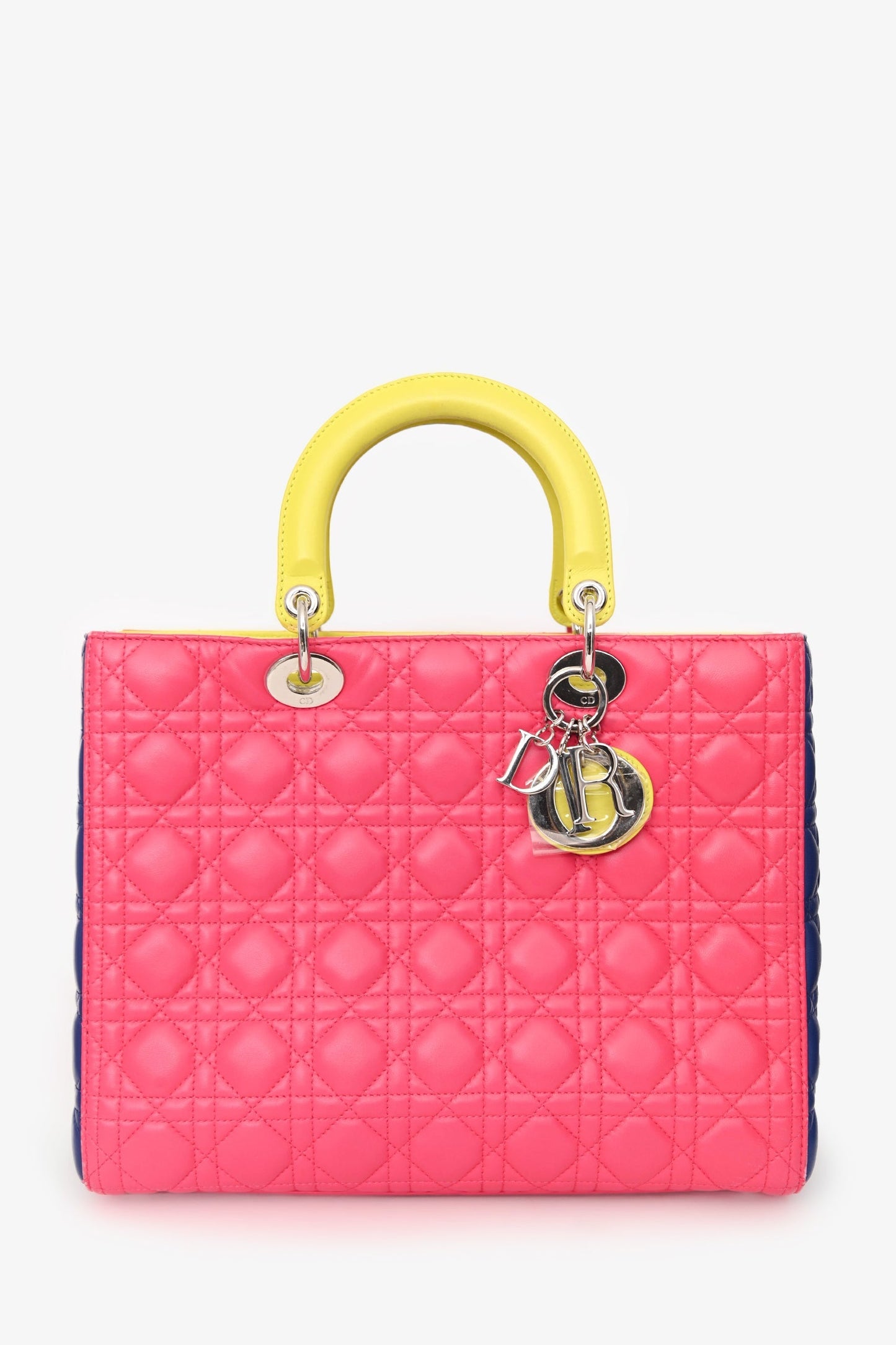 Christian Dior 2013 Pink/Yellow Cannage Leather Large Lady Dior Top Handle with Strap