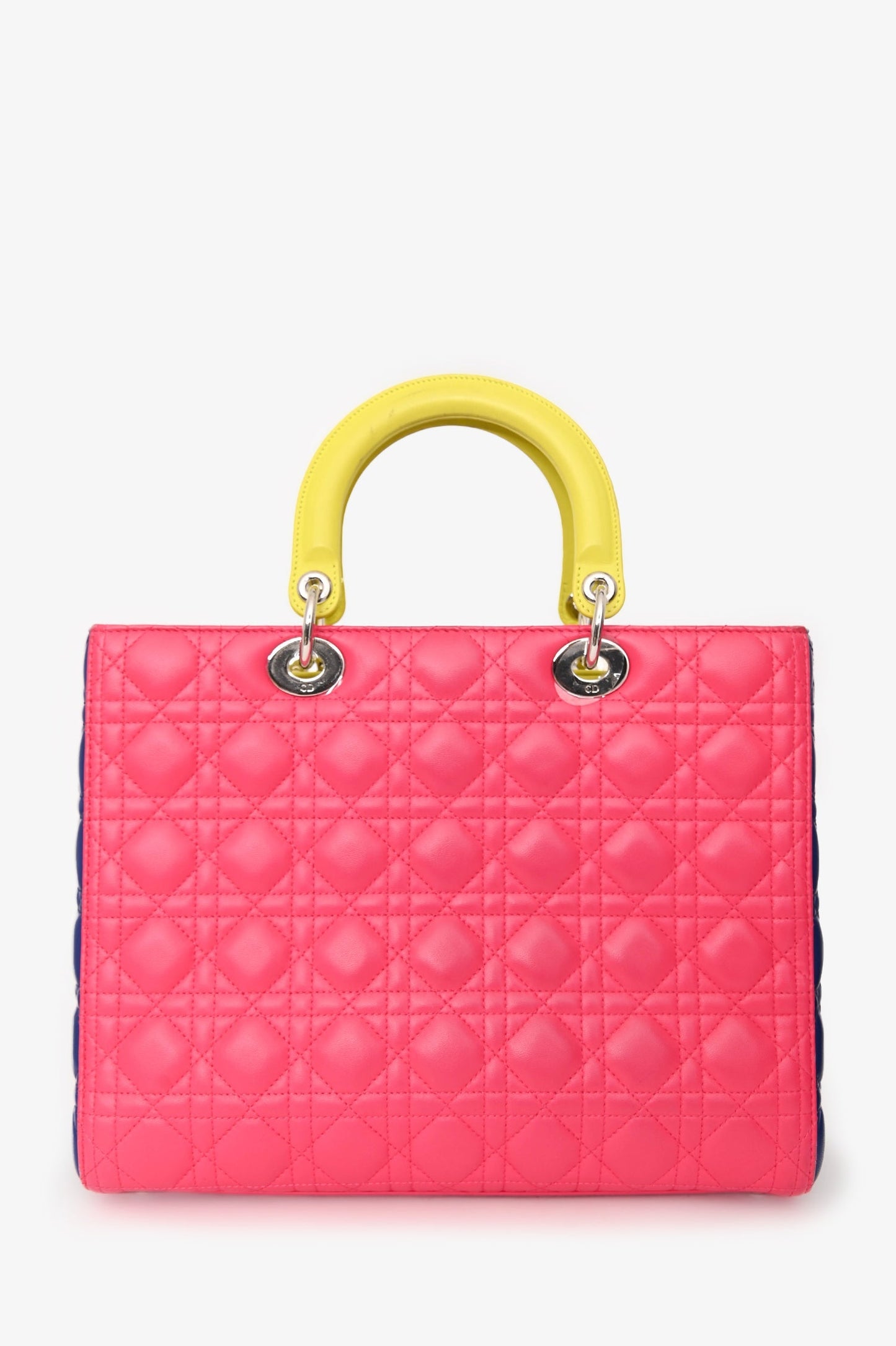 Christian Dior 2013 Pink/Yellow Cannage Leather Large Lady Dior Top Handle with Strap