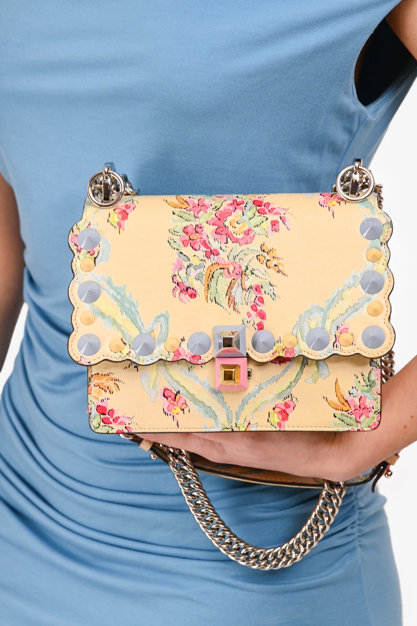 Fendi Yellow Leather Marie Antoinette Print Small Kan I Crossbody Bag