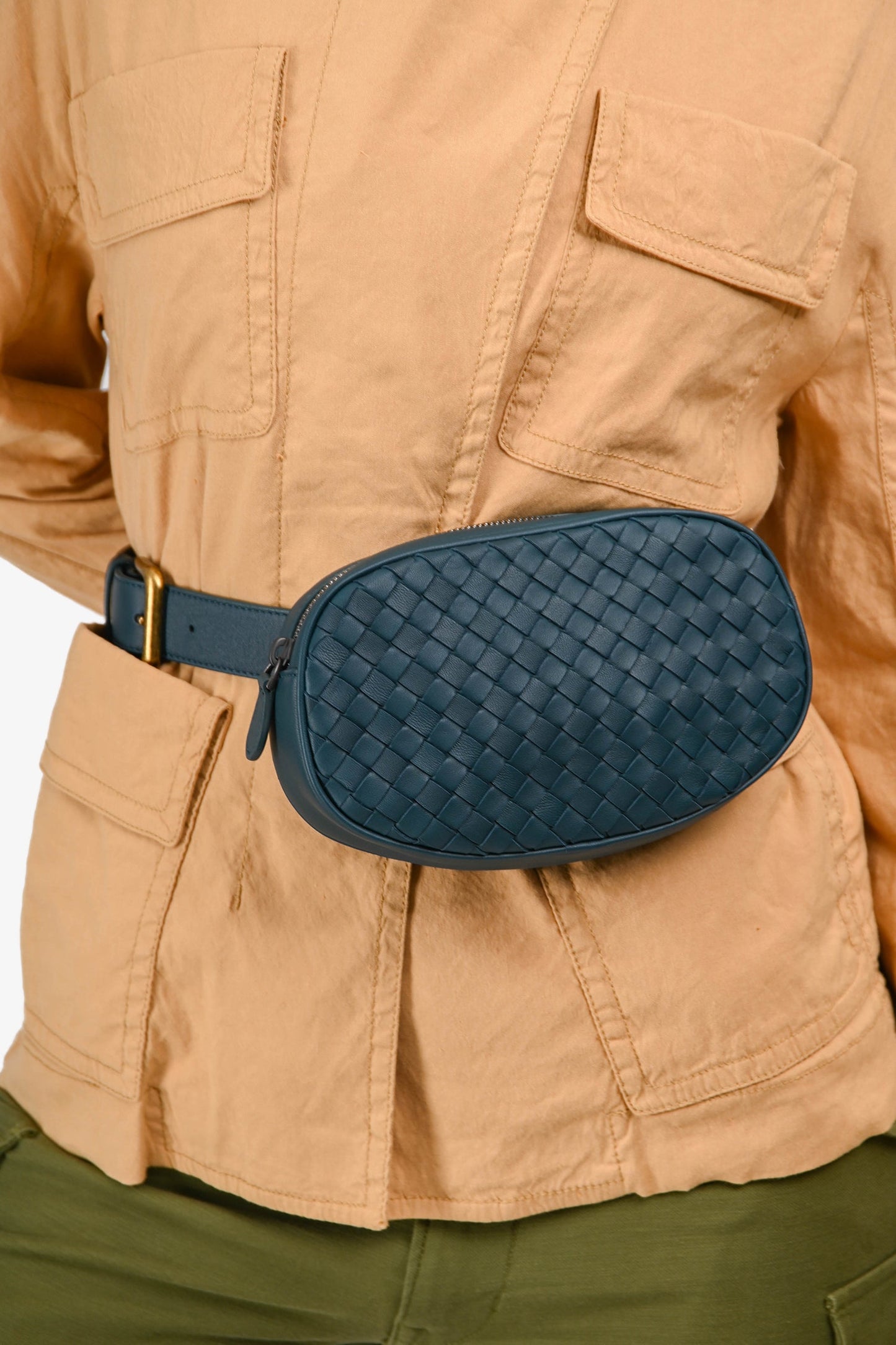 Bottega Veneta Deep Teal Leather Intrecciato Belt Bag