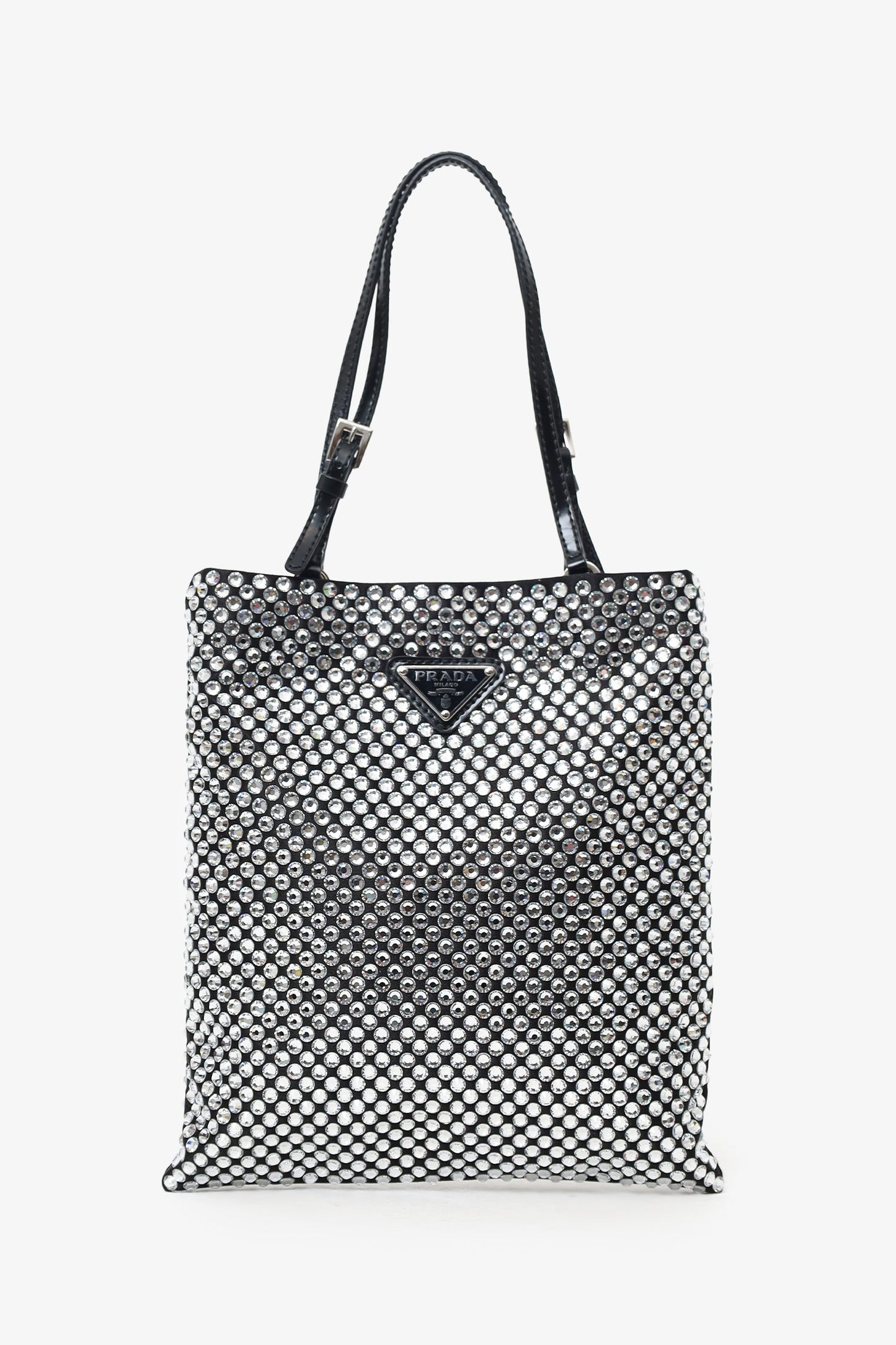 Prada Silver/Black Crystal Embellished Satin Convertible Open Mini Tote