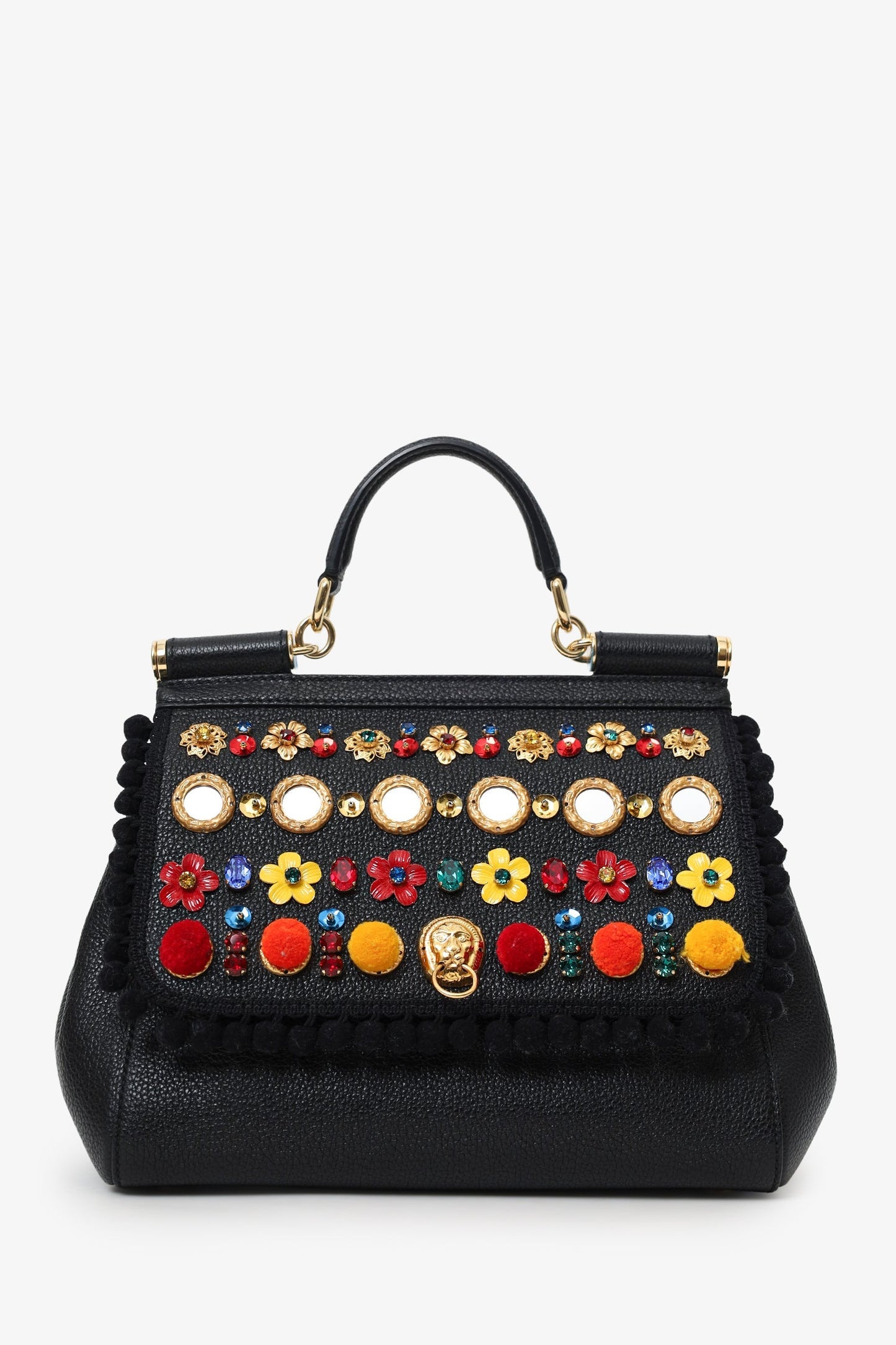 Dolce & Gabbana Black Leather Embellished Medium Sicily Top Handle Bag