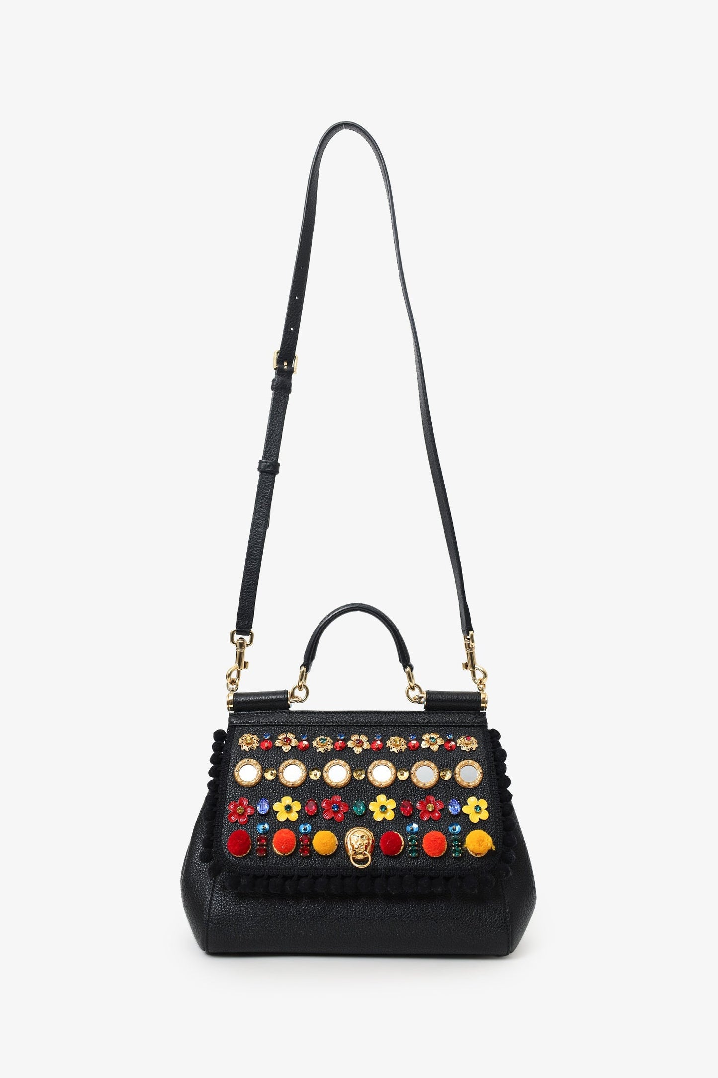 Dolce & Gabbana Black Leather Embellished Medium Sicily Top Handle Bag