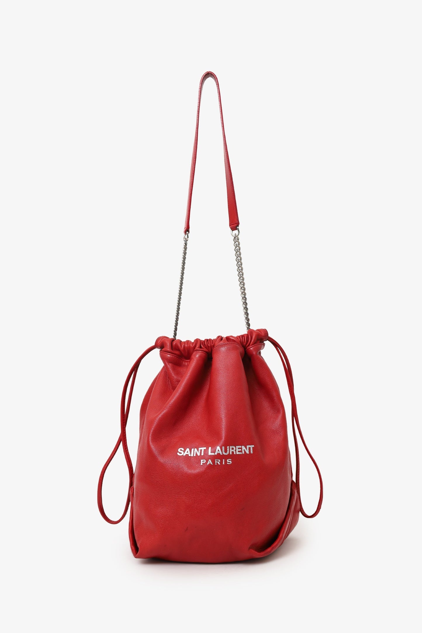 Saint Laurent Red Leather Teddy Bucket Bag With Pouch
