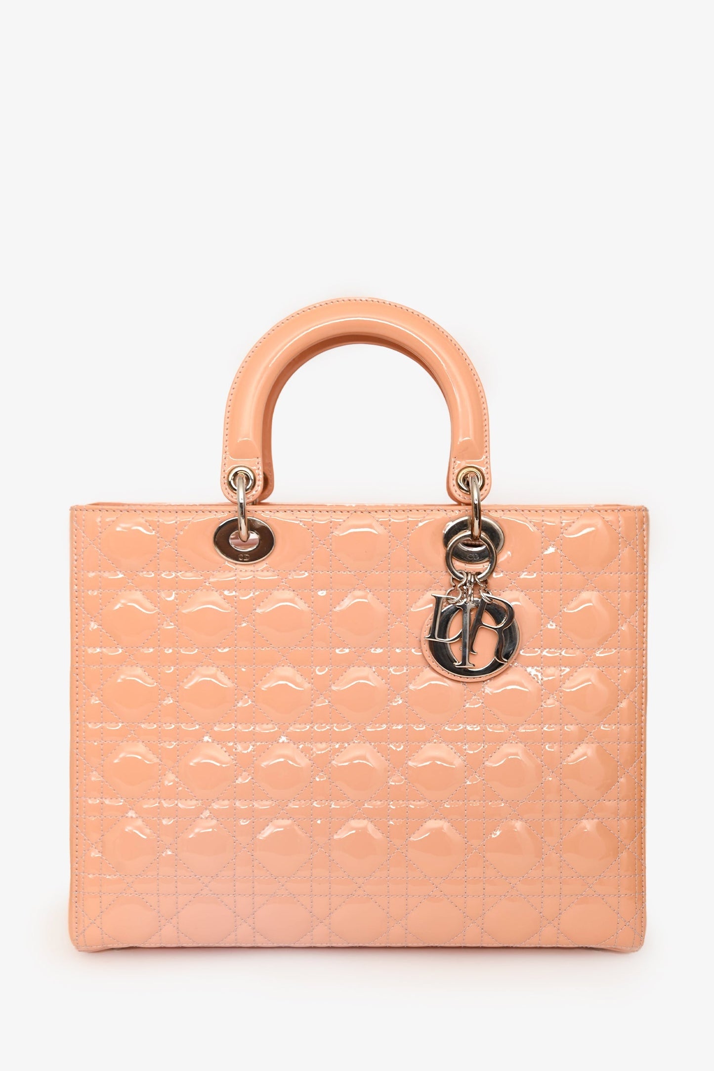 Christian Dior 2012 Light Peach Cannage Patent Large Lady Dior With Strap