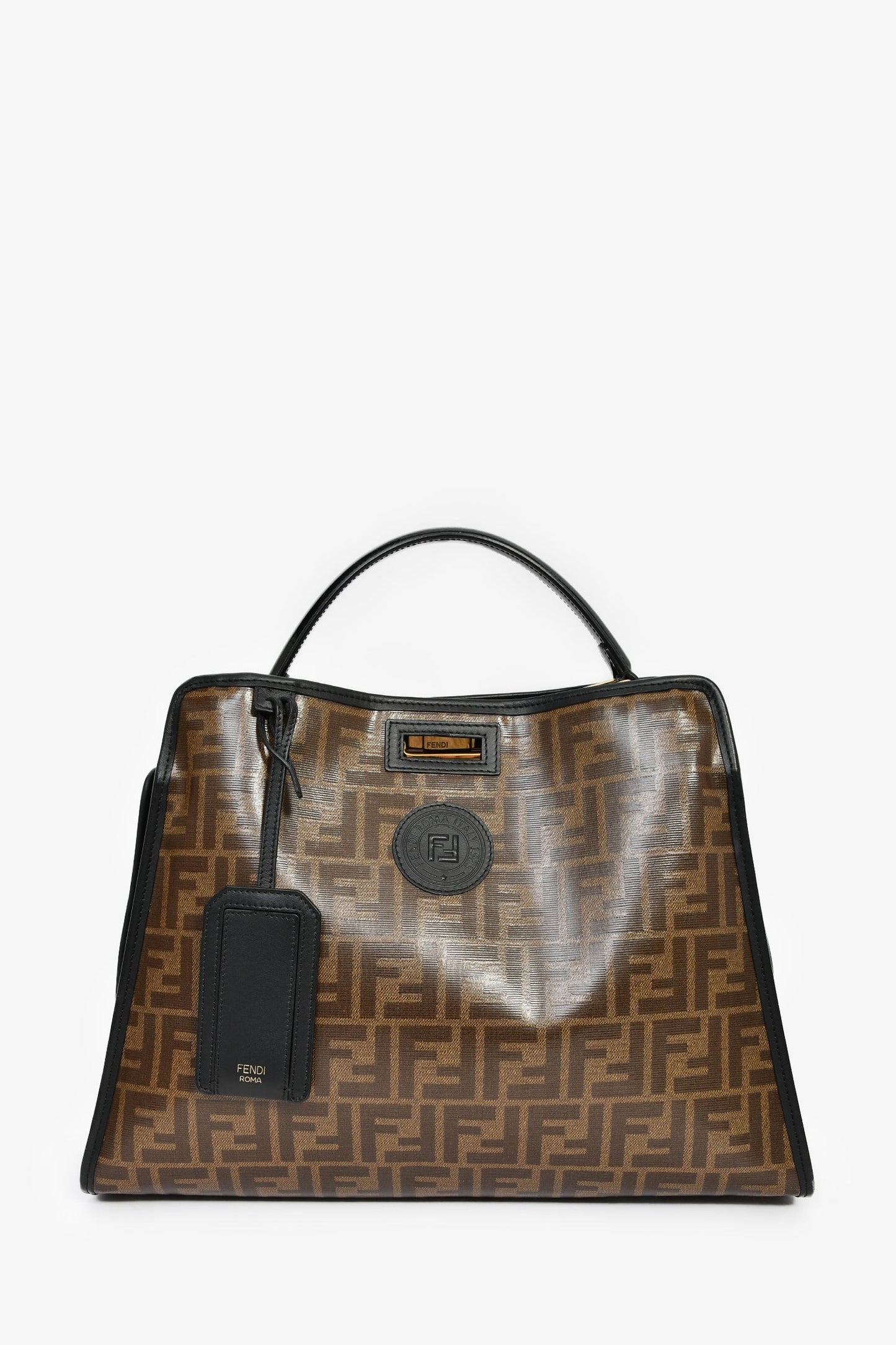 Fendi Black Patent Medium 'Peekaboo' Top Handle With Brown Zucca Canvas Defender