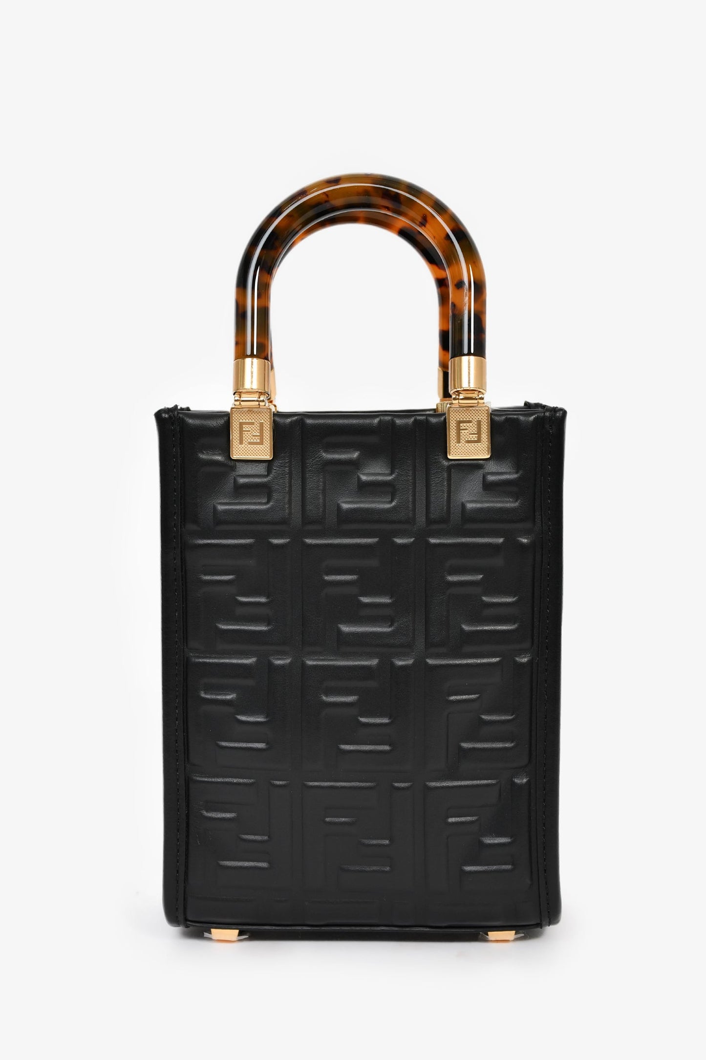 Fendi Black Zucca Embossed Leather/Tortoise Sunshine Mini Top Handle Bag