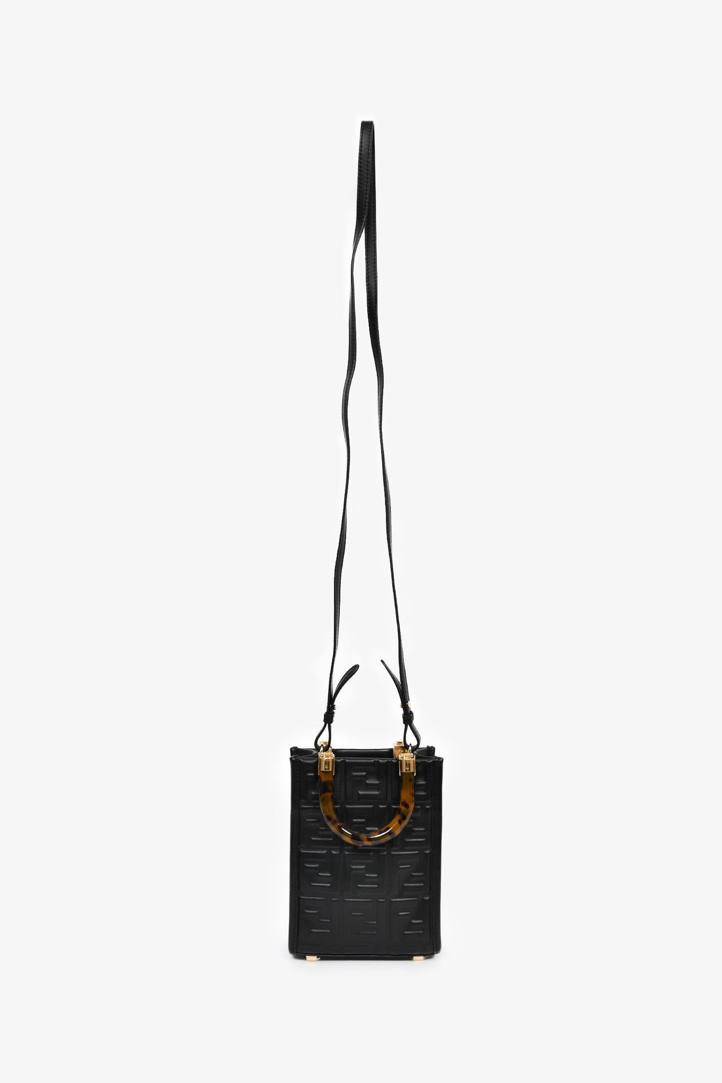 Fendi Black Zucca Embossed Leather/Tortoise Sunshine Mini Top Handle Bag
