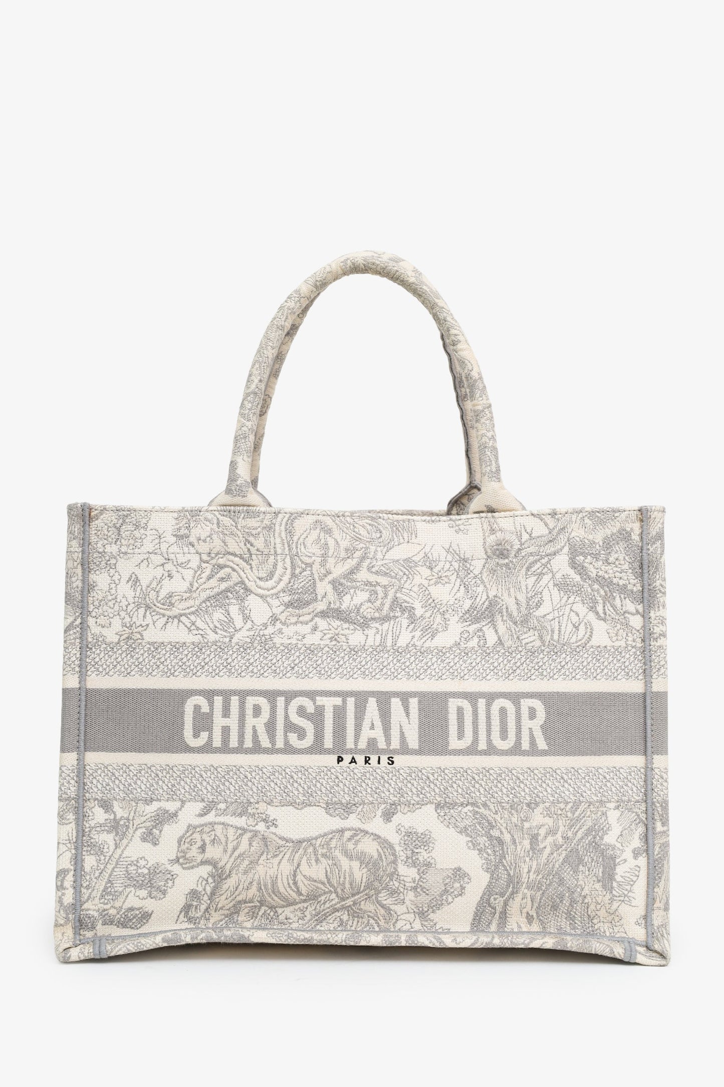 Christian Dior 2021 Grey Canvas Toile de Jouy Embroidered Medium Book Tote