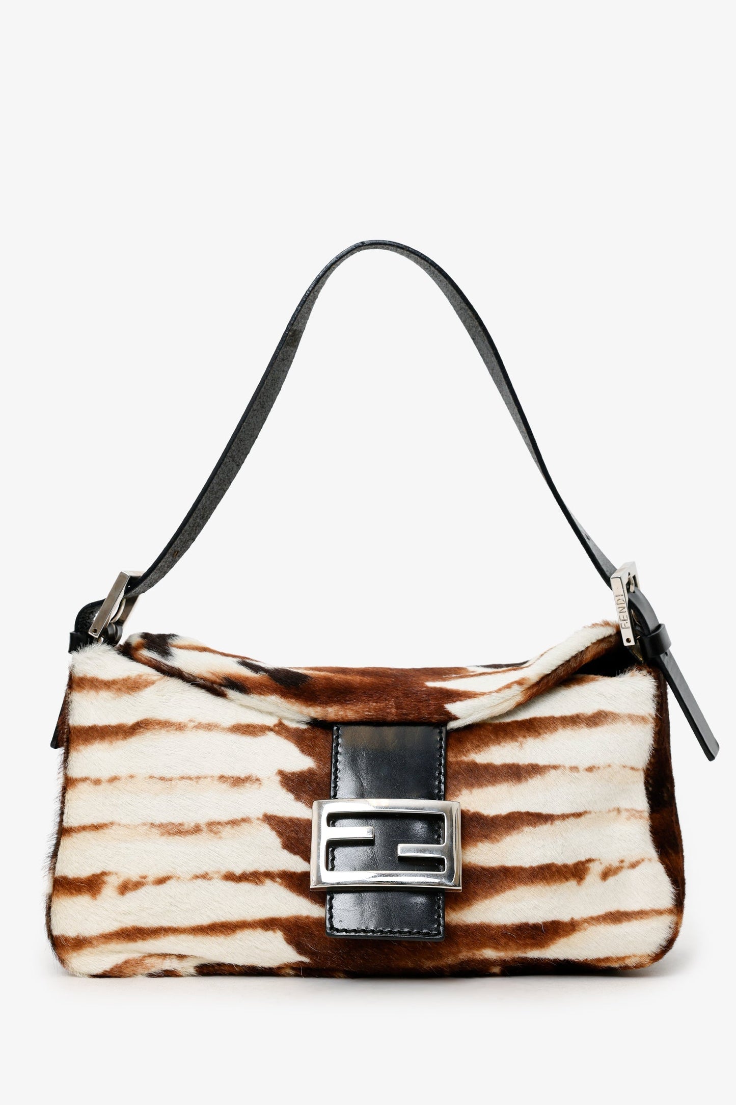 Fendi Brown/White Pony Hair Baguette Shoulder Bag