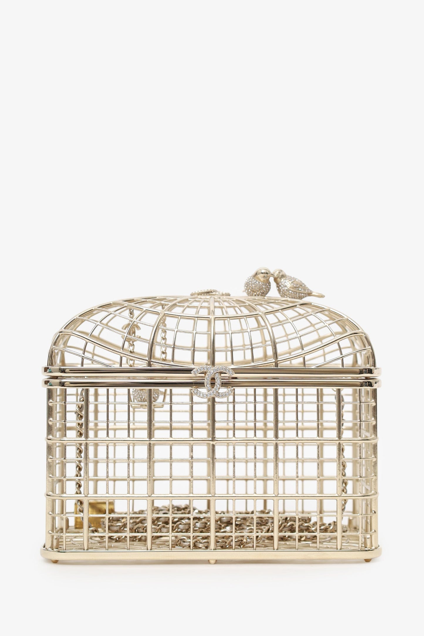 Chanel™ 2025 S/S Runway Gold Toned Metal Crystal Strass 'Bird Cage Minaudière' Bag