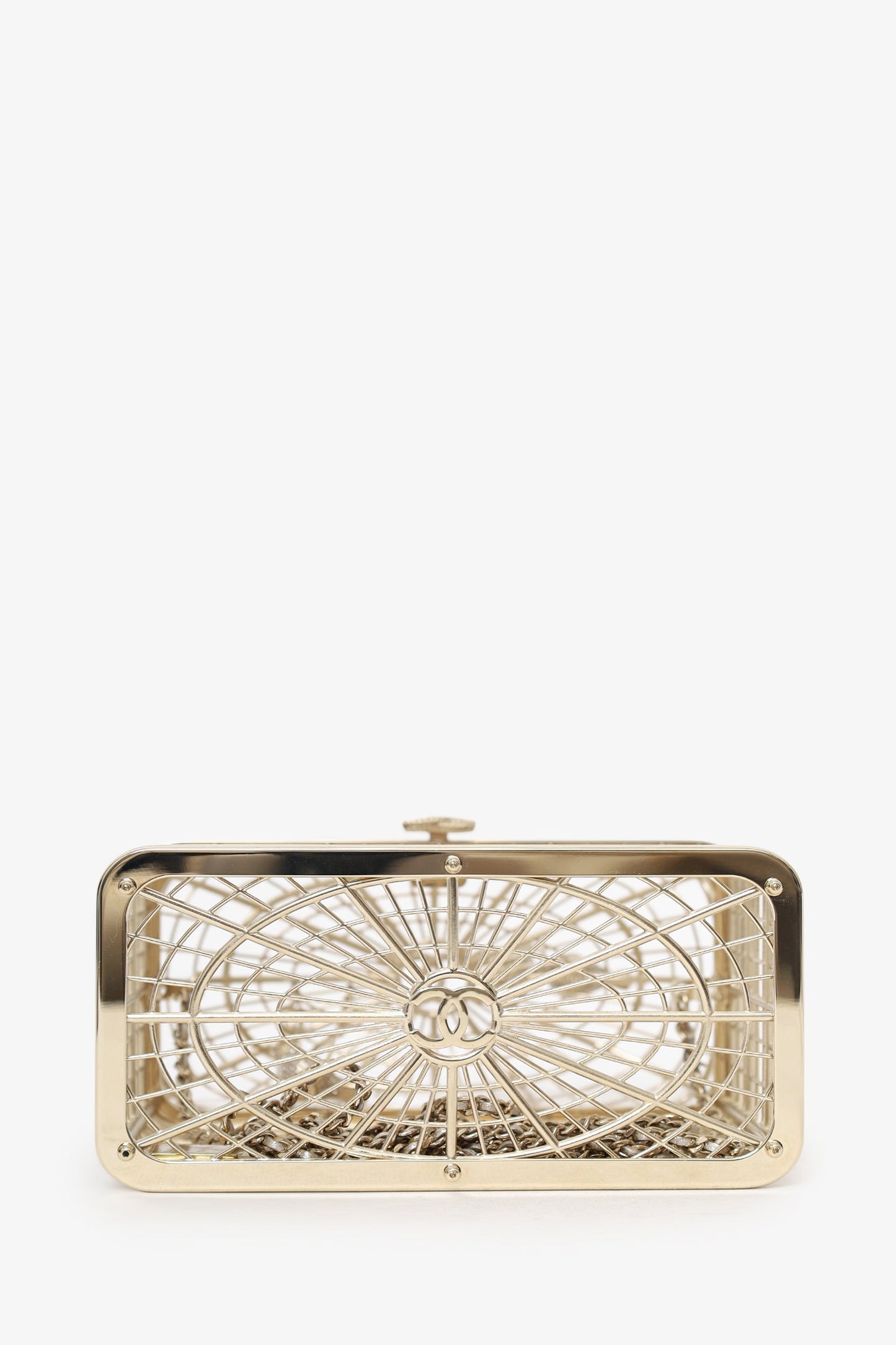 Chanel™ 2025 S/S Runway Gold Toned Metal Crystal Strass 'Bird Cage Minaudière' Bag