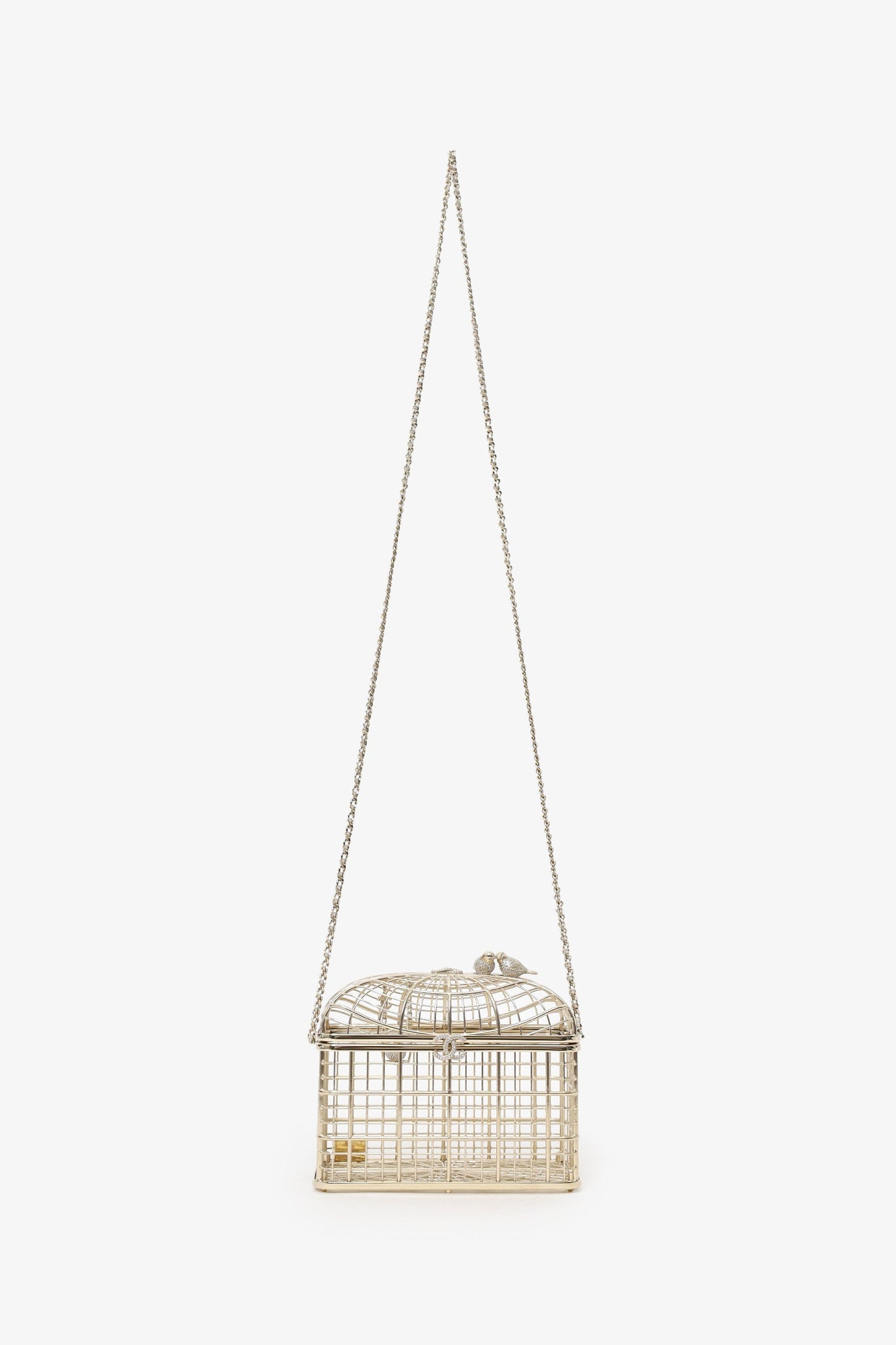 Chanel™ 2025 S/S Runway Gold Toned Metal Crystal Strass 'Bird Cage Minaudière' Bag