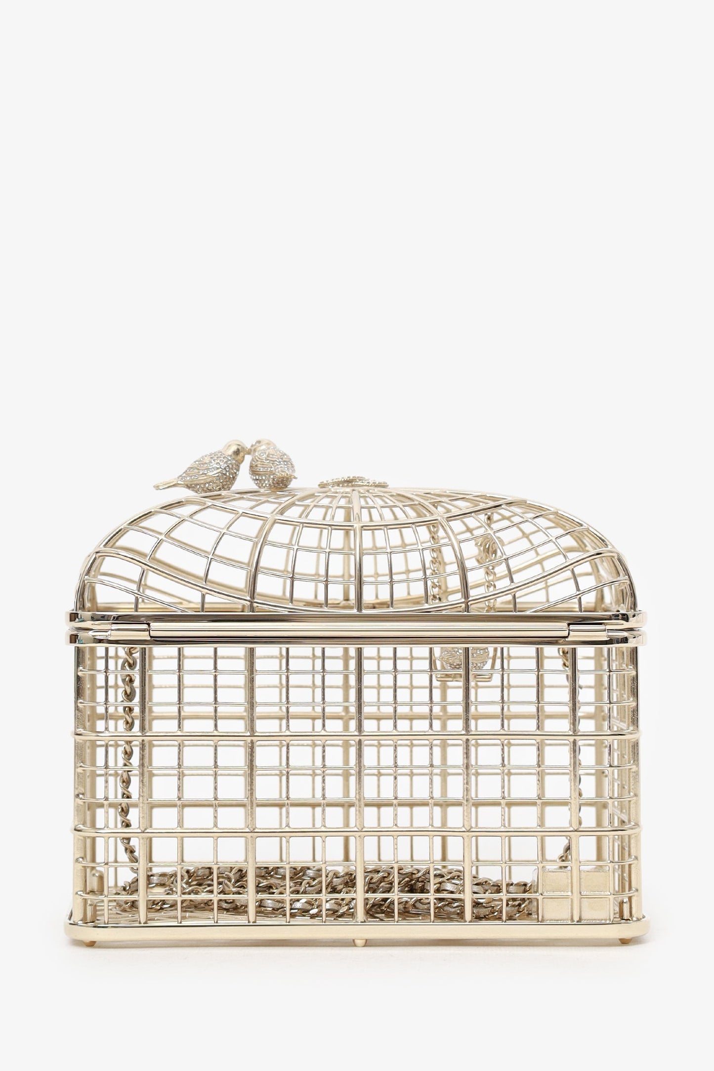 Chanel™ 2025 S/S Runway Gold Toned Metal Crystal Strass 'Bird Cage Minaudière' Bag