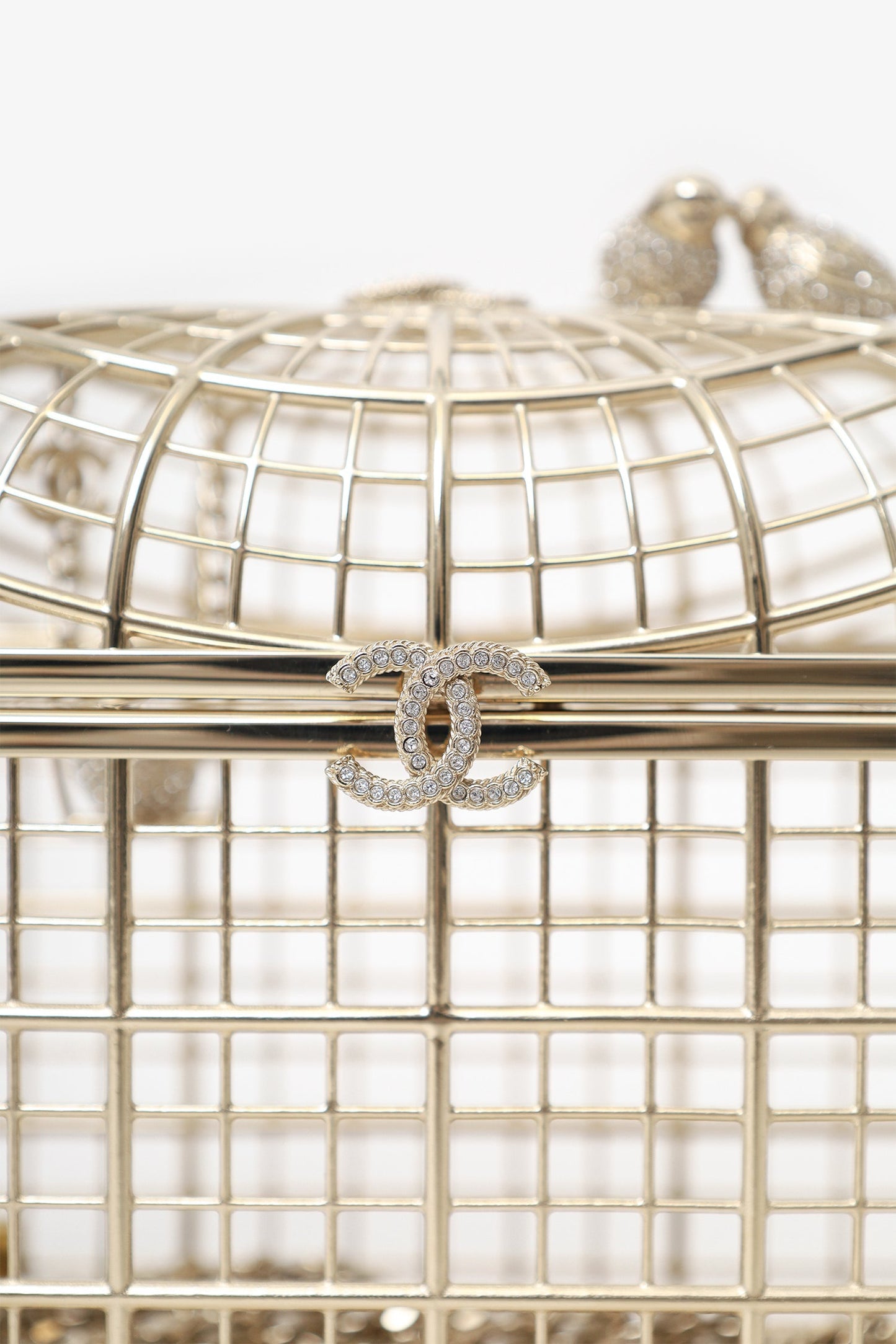 Chanel™ 2025 S/S Runway Gold Toned Metal Crystal Strass 'Bird Cage Minaudière' Bag