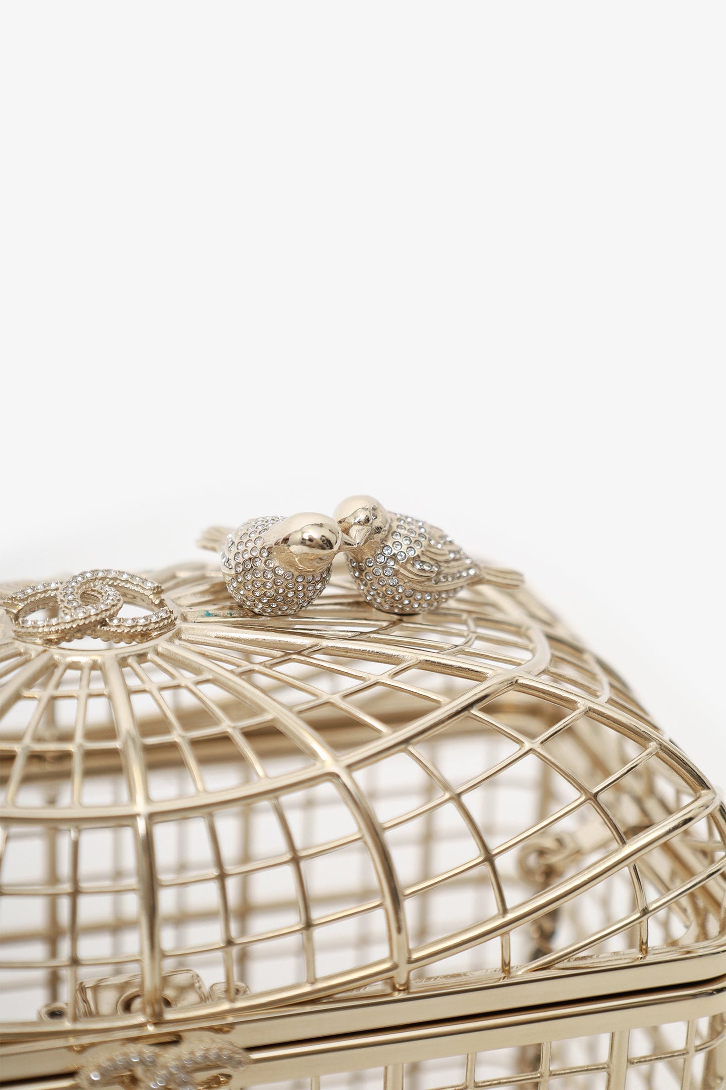 Chanel™ 2025 S/S Runway Gold Toned Metal Crystal Strass 'Bird Cage Minaudière' Bag