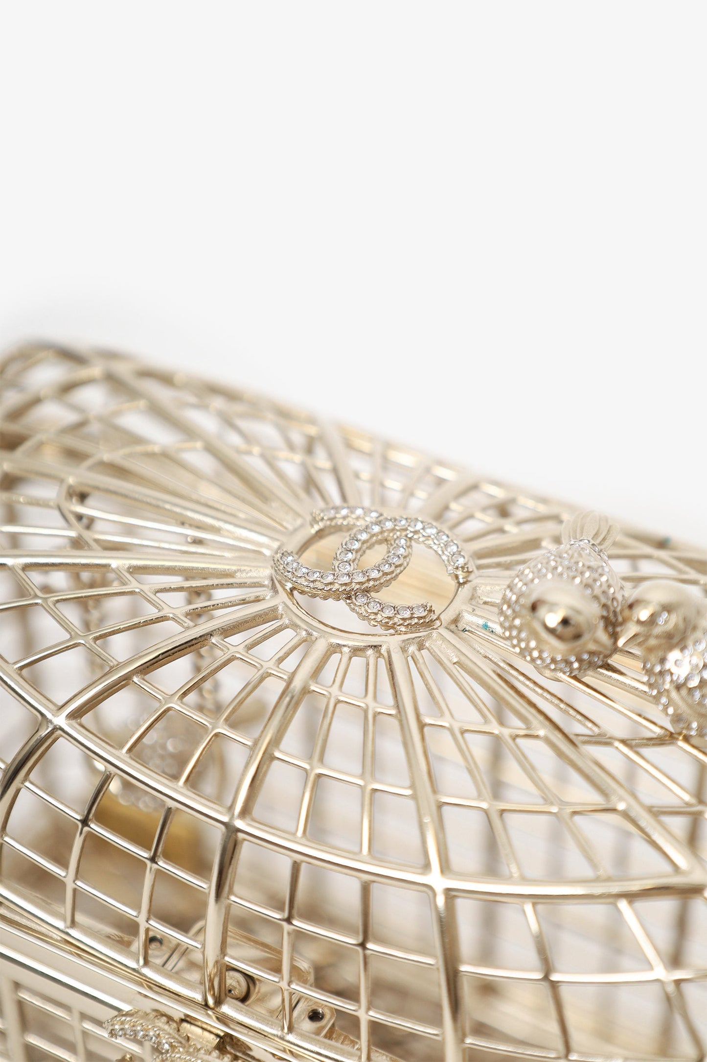 Chanel™ 2025 S/S Runway Gold Toned Metal Crystal Strass 'Bird Cage Minaudière' Bag