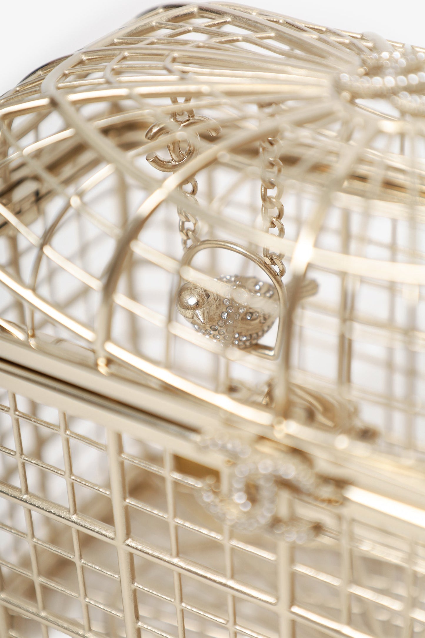Chanel™ 2025 S/S Runway Gold Toned Metal Crystal Strass 'Bird Cage Minaudière' Bag