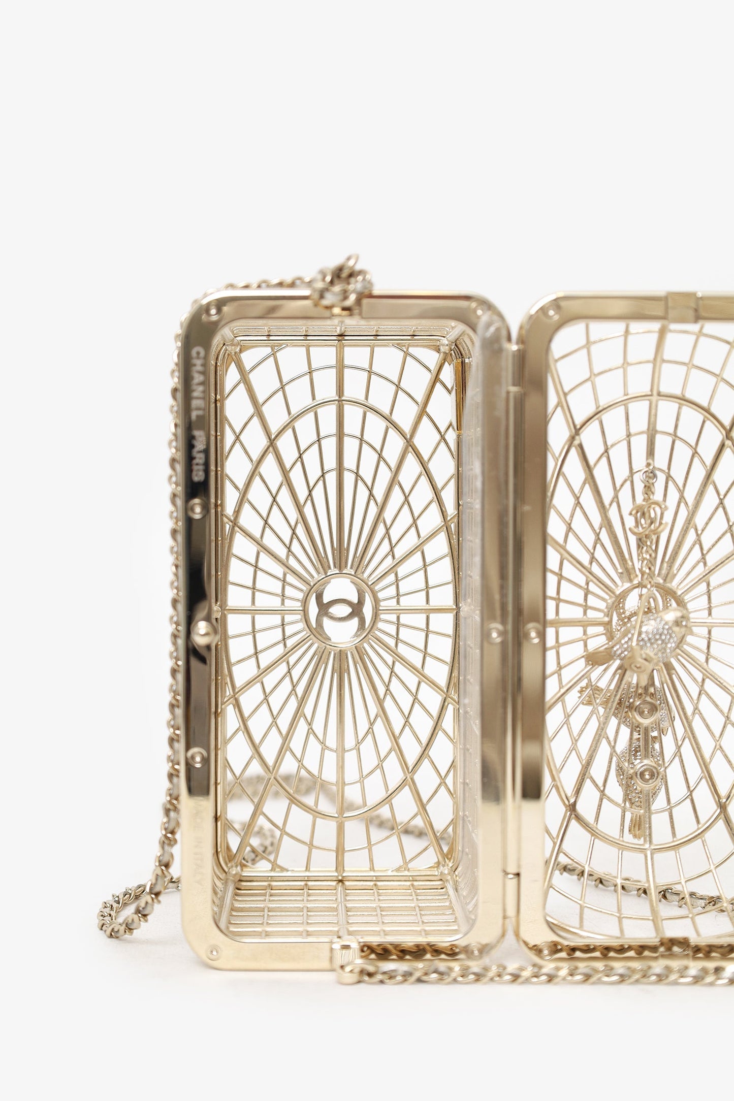 Chanel™ 2025 S/S Runway Gold Toned Metal Crystal Strass 'Bird Cage Minaudière' Bag