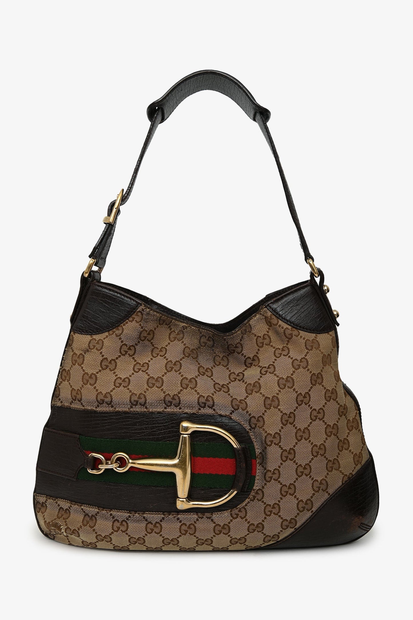 Gucci Brown Canvas 'GG' Web Horsebit Hobo Bag