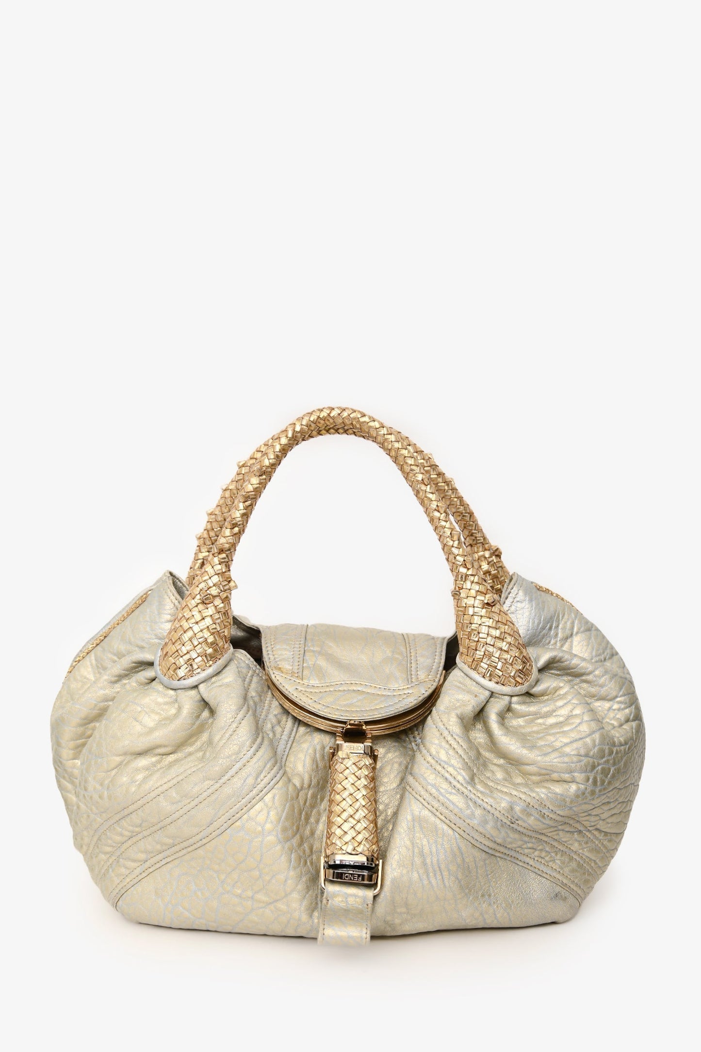 Fendi Gold/Silver Leather Woven Top Handle Bag