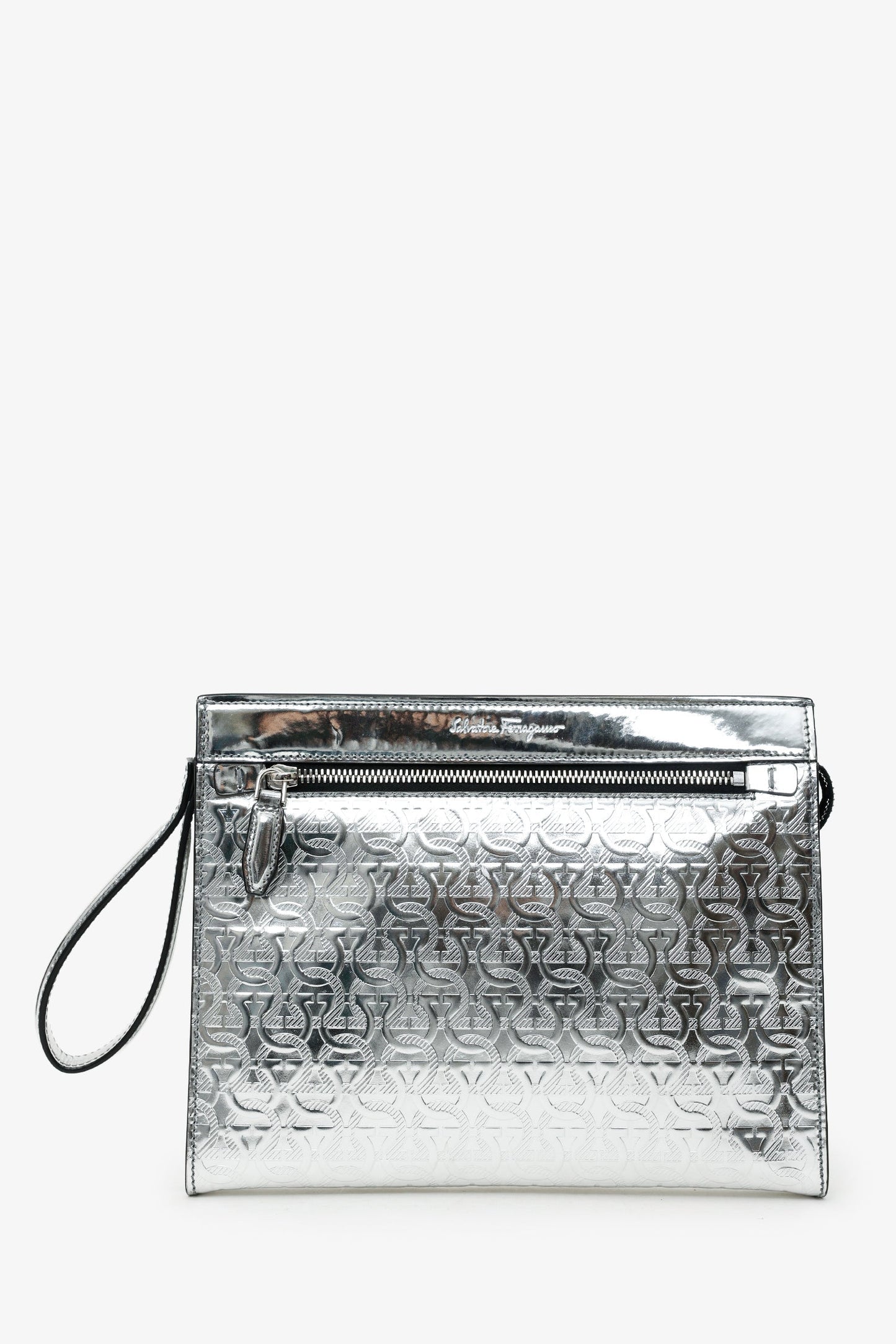 Salvatore Ferragamo Silver Metallic Leather Gancini Clutch