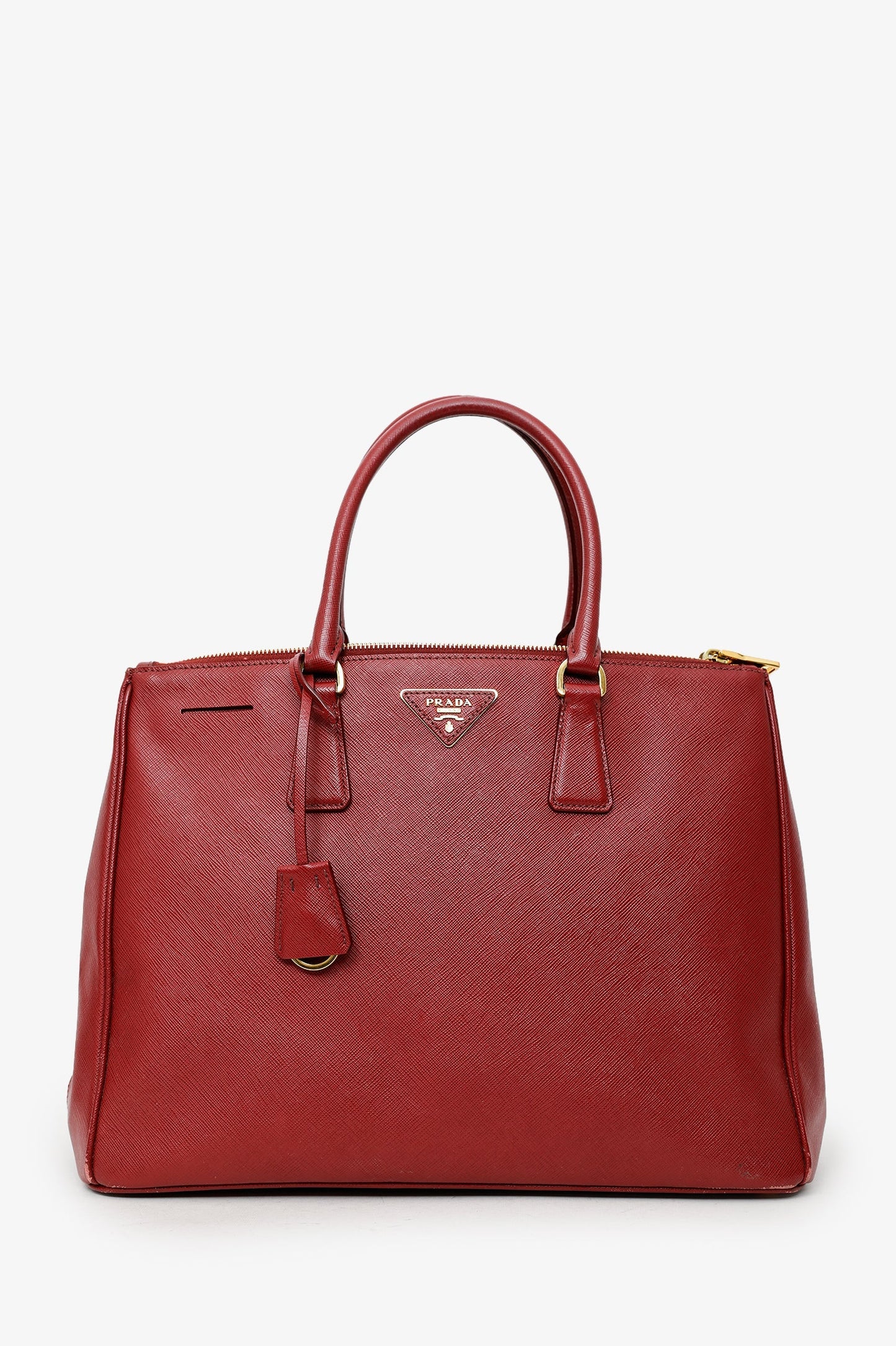 Prada Burgundy Saffiano Leather Large Double Zip Galleria Tote With Strap