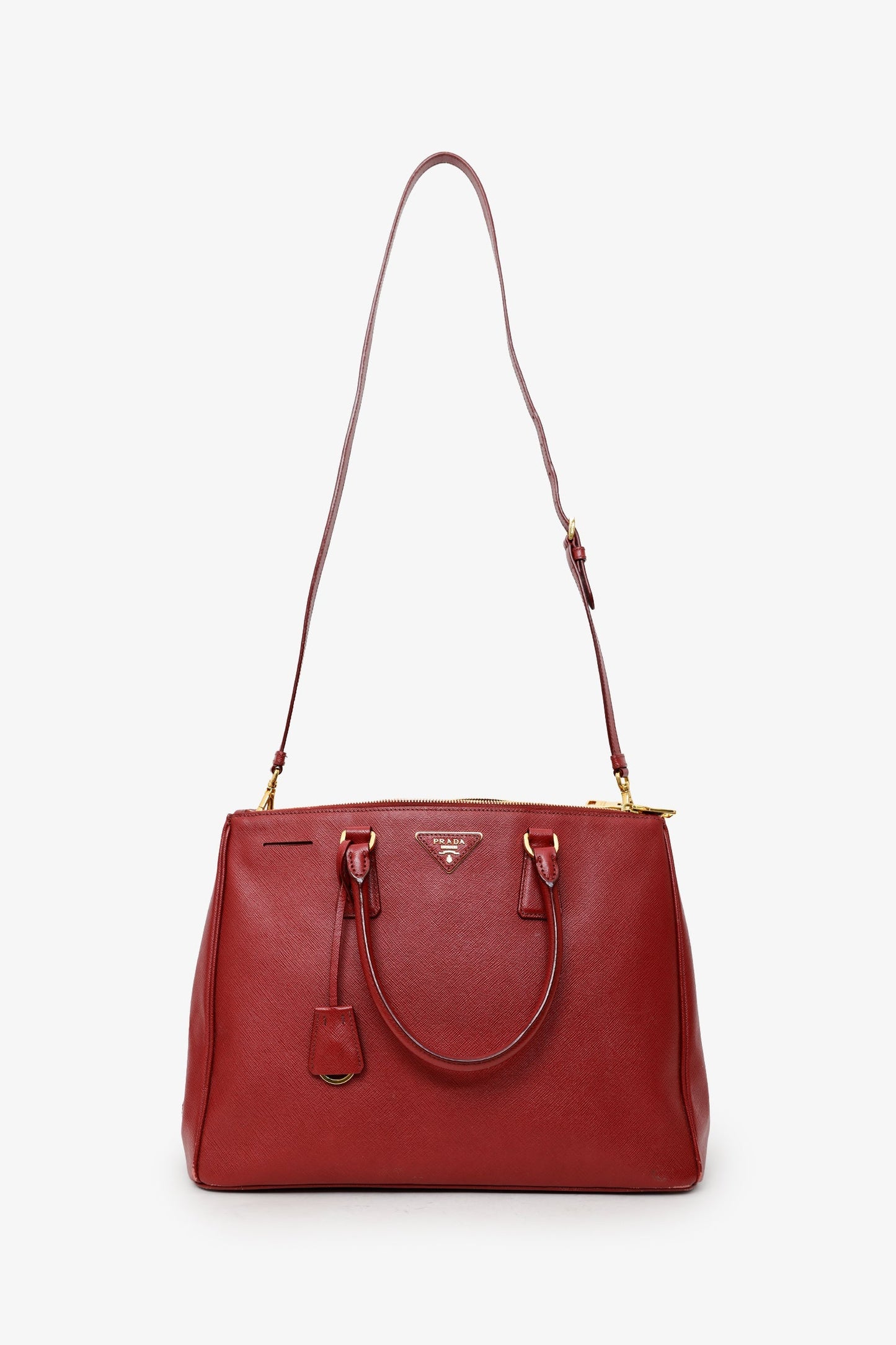 Prada Burgundy Saffiano Leather Large Double Zip Galleria Tote With Strap
