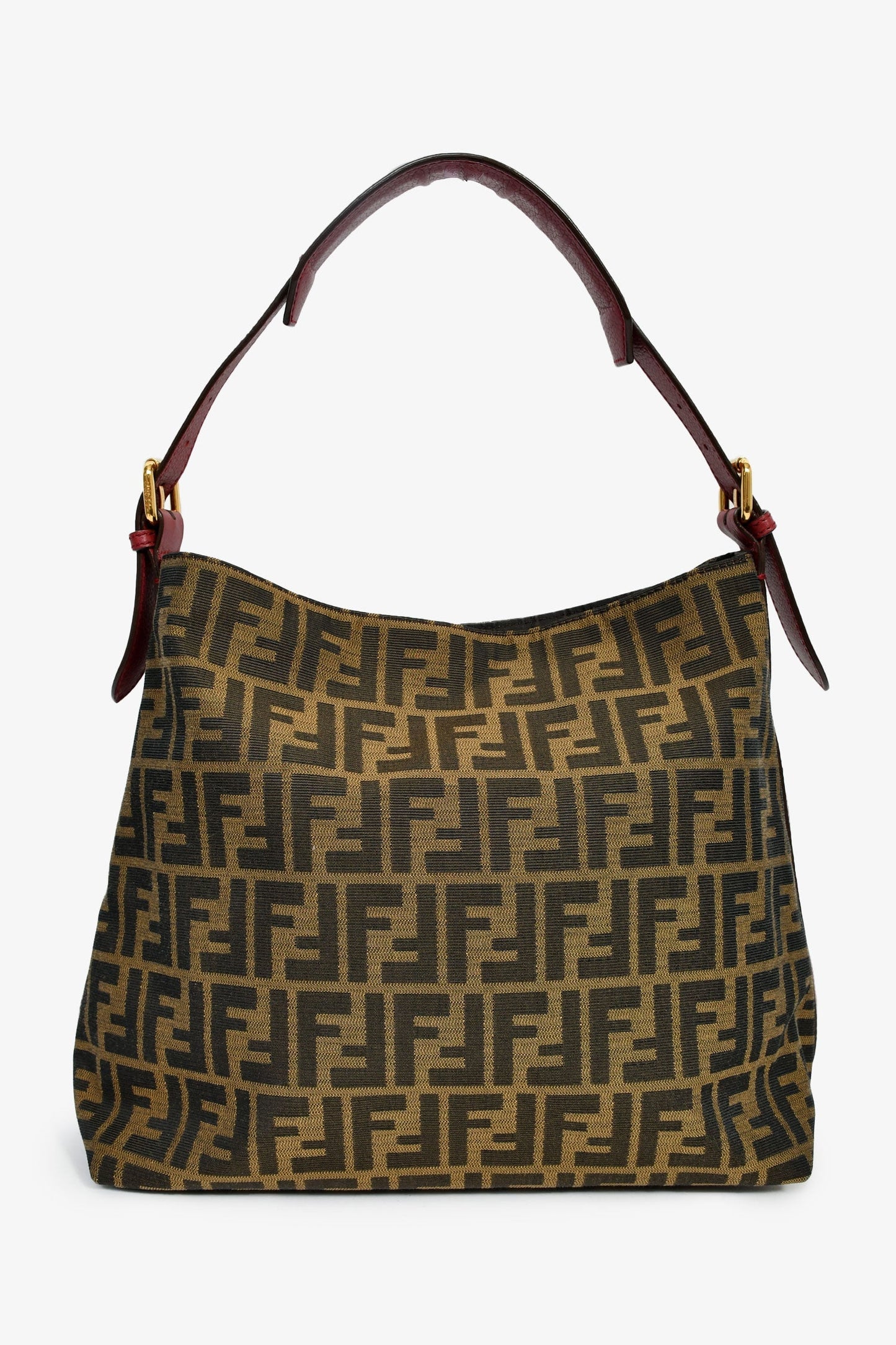 Fendi Brown Zucca Canvas/Red Leather 'Piccola' Shoulder Bag