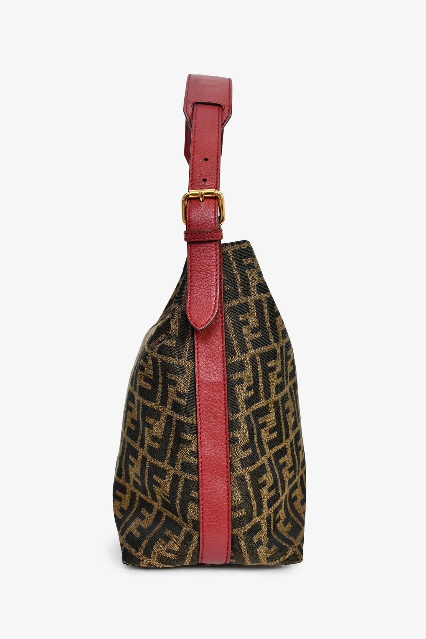 Fendi Brown Zucca Canvas/Red Leather 'Piccola' Shoulder Bag