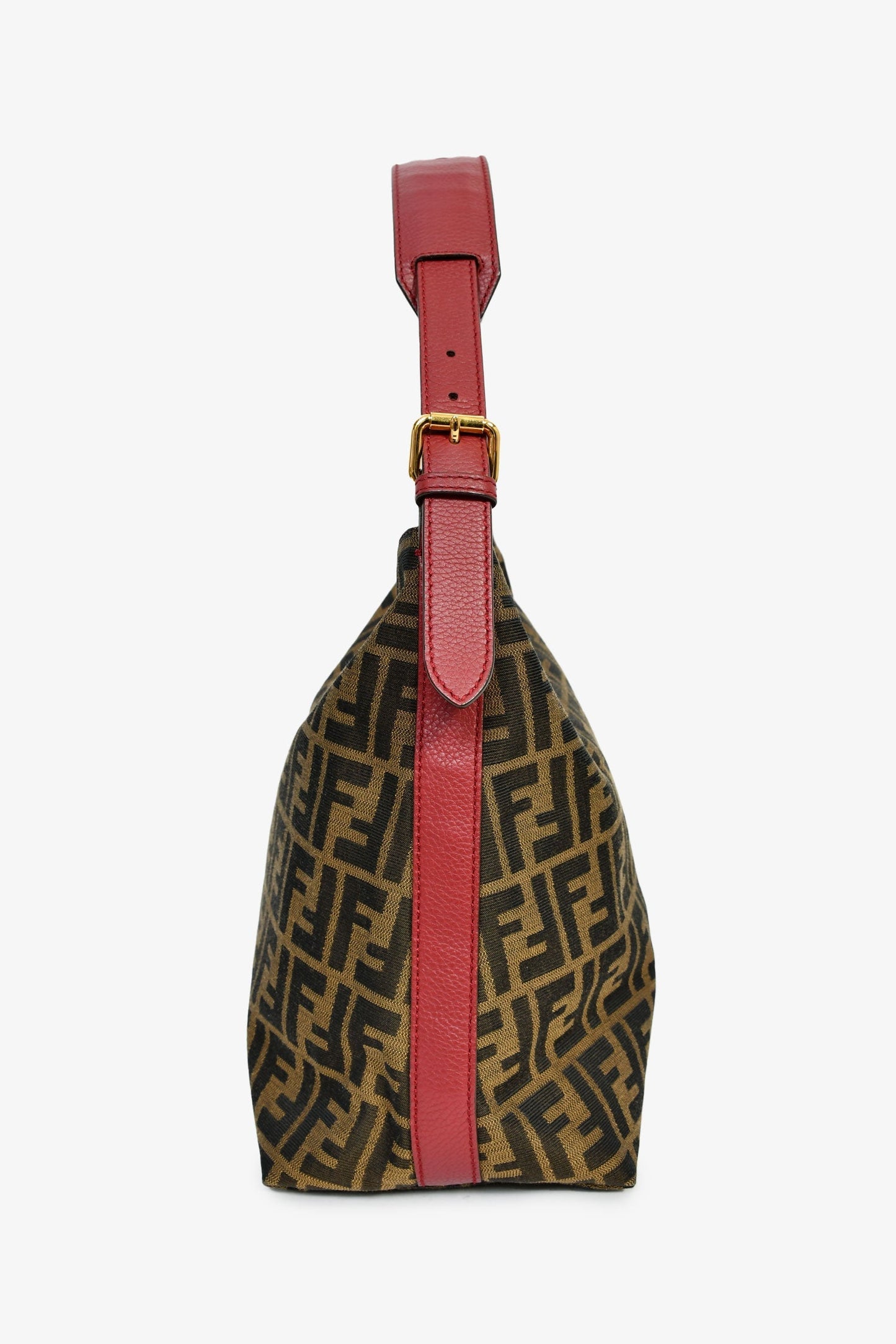 Fendi Brown Zucca Canvas/Red Leather 'Piccola' Shoulder Bag