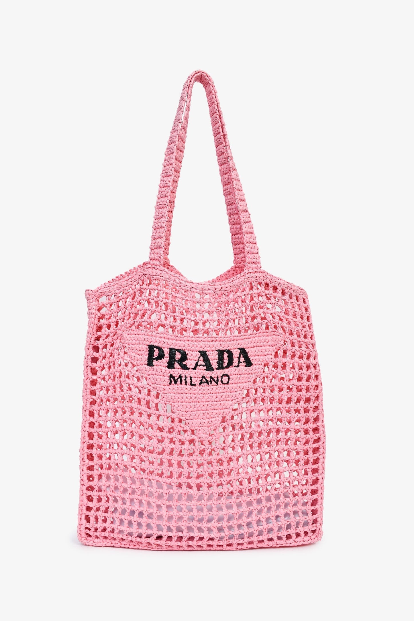 Prada Pink Raffia Crochet Logo Embroidered Tote Bag
