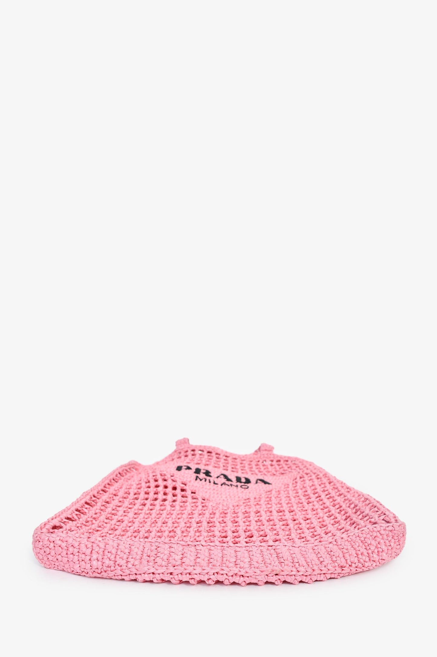 Prada Pink Raffia Crochet Logo Embroidered Tote Bag