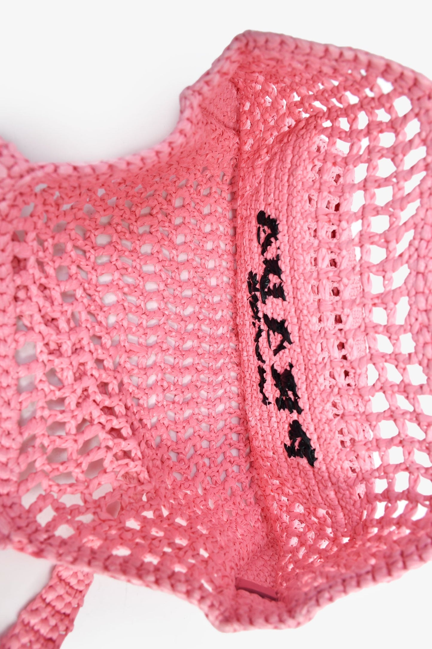 Prada Pink Raffia Crochet Logo Embroidered Tote Bag