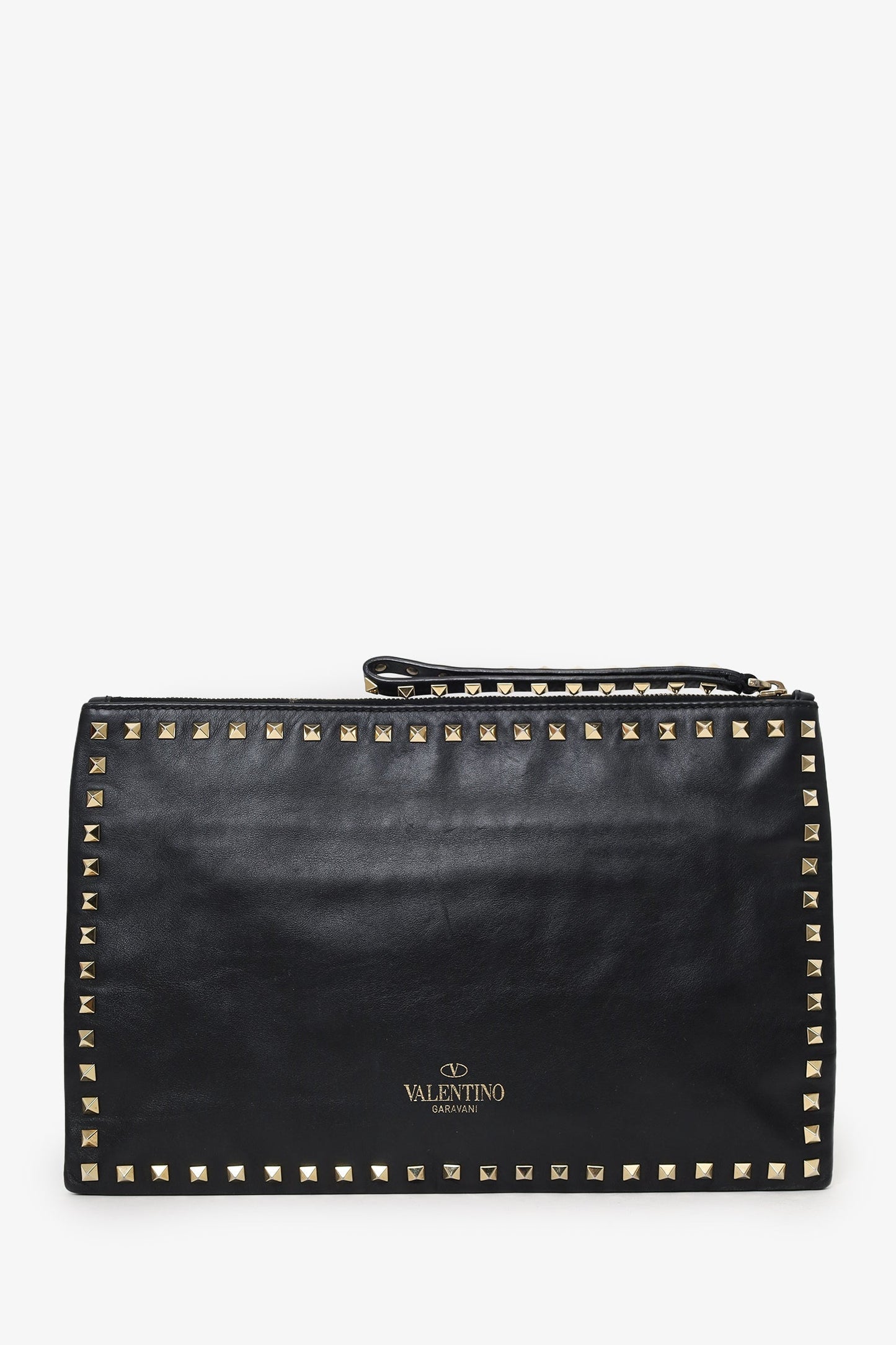 Valentino Black Leather Large Rockstud Zip Wristlet Pouch