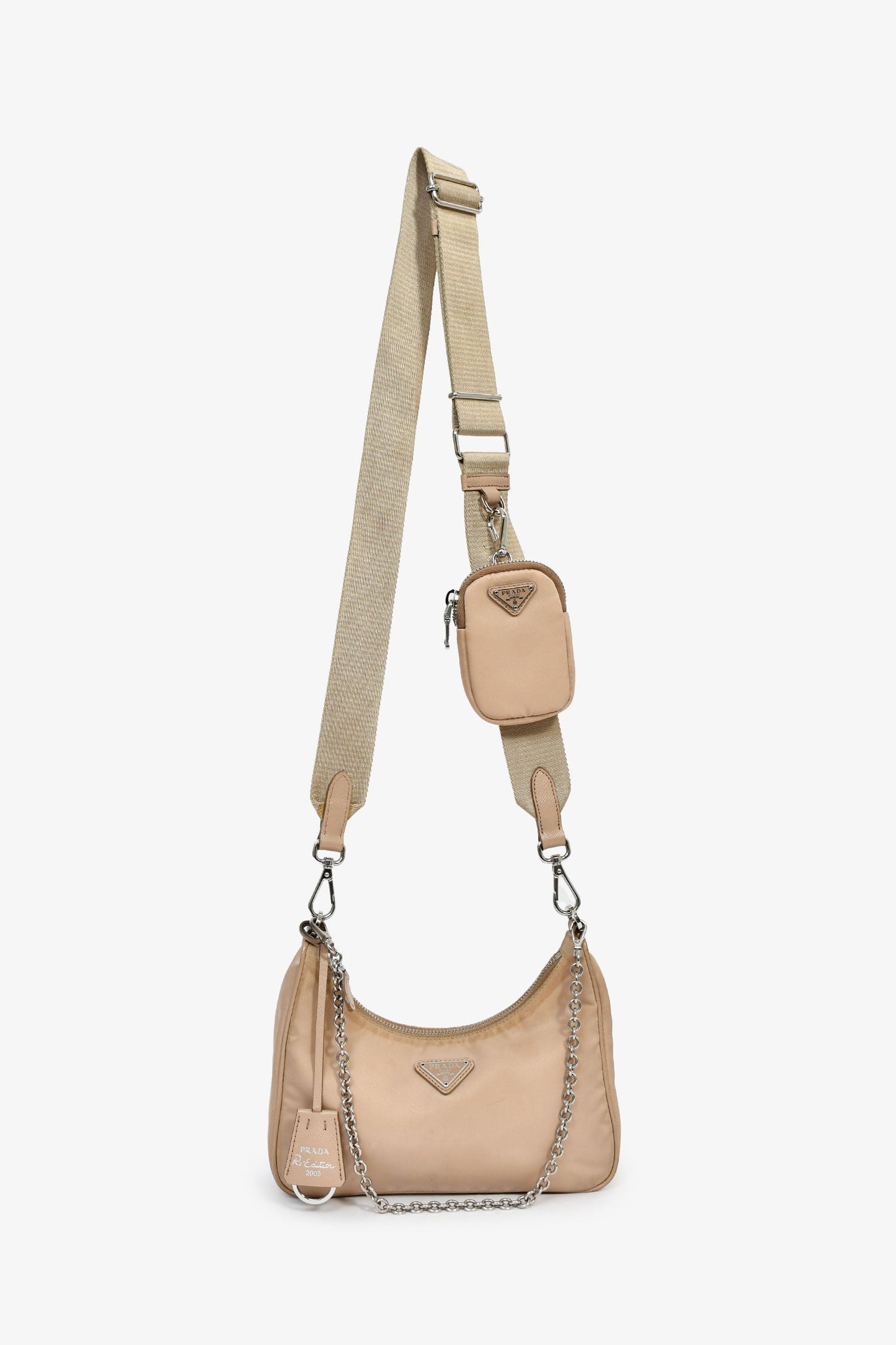Prada Beige Re-Nylon Re-Edition 2005 Crossbody Bag With Chain & Pouch