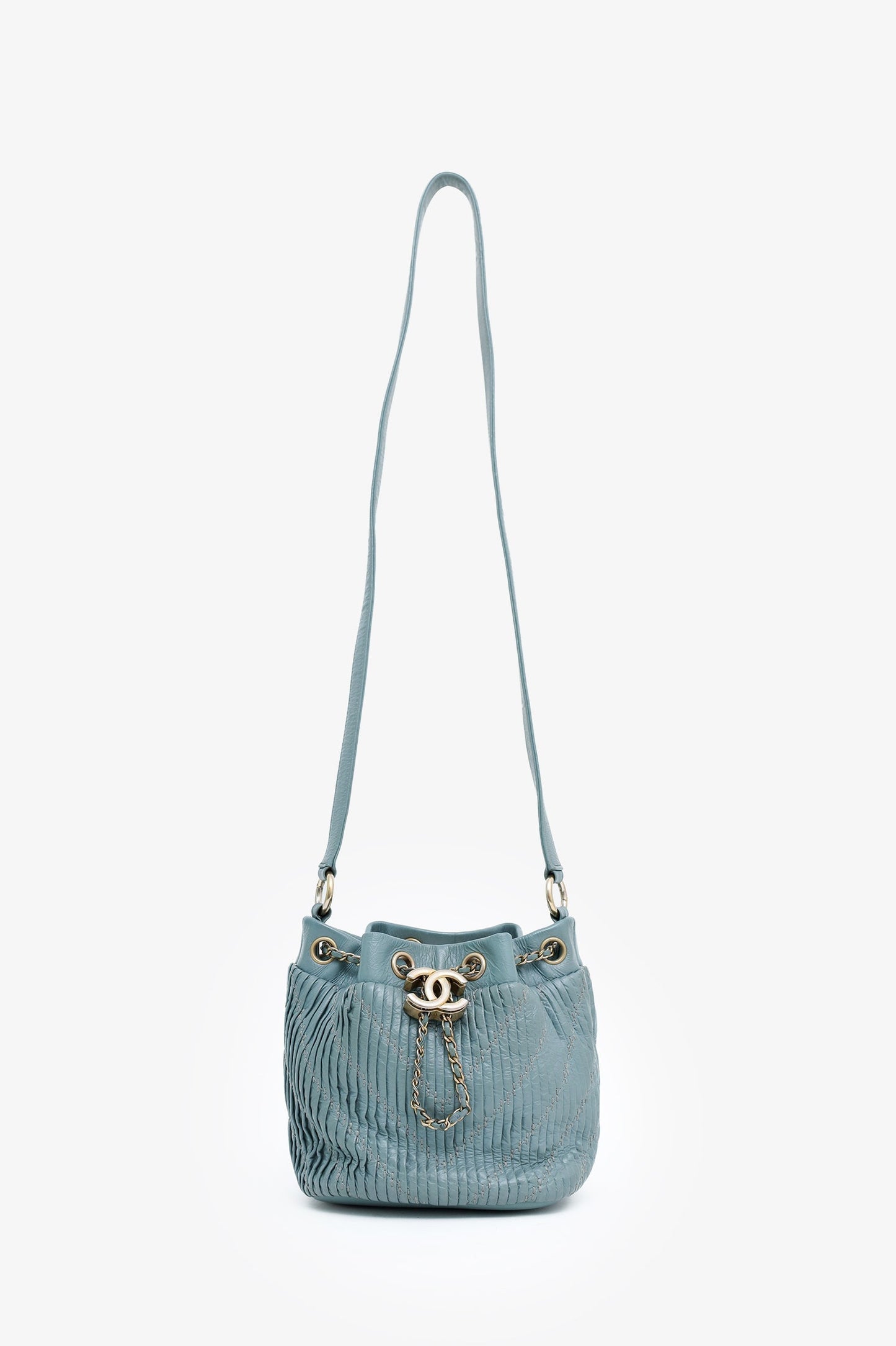 Chanel™ 2018 Blue Leather Paris-Greece Small Coco Pleats Bucket Bag
