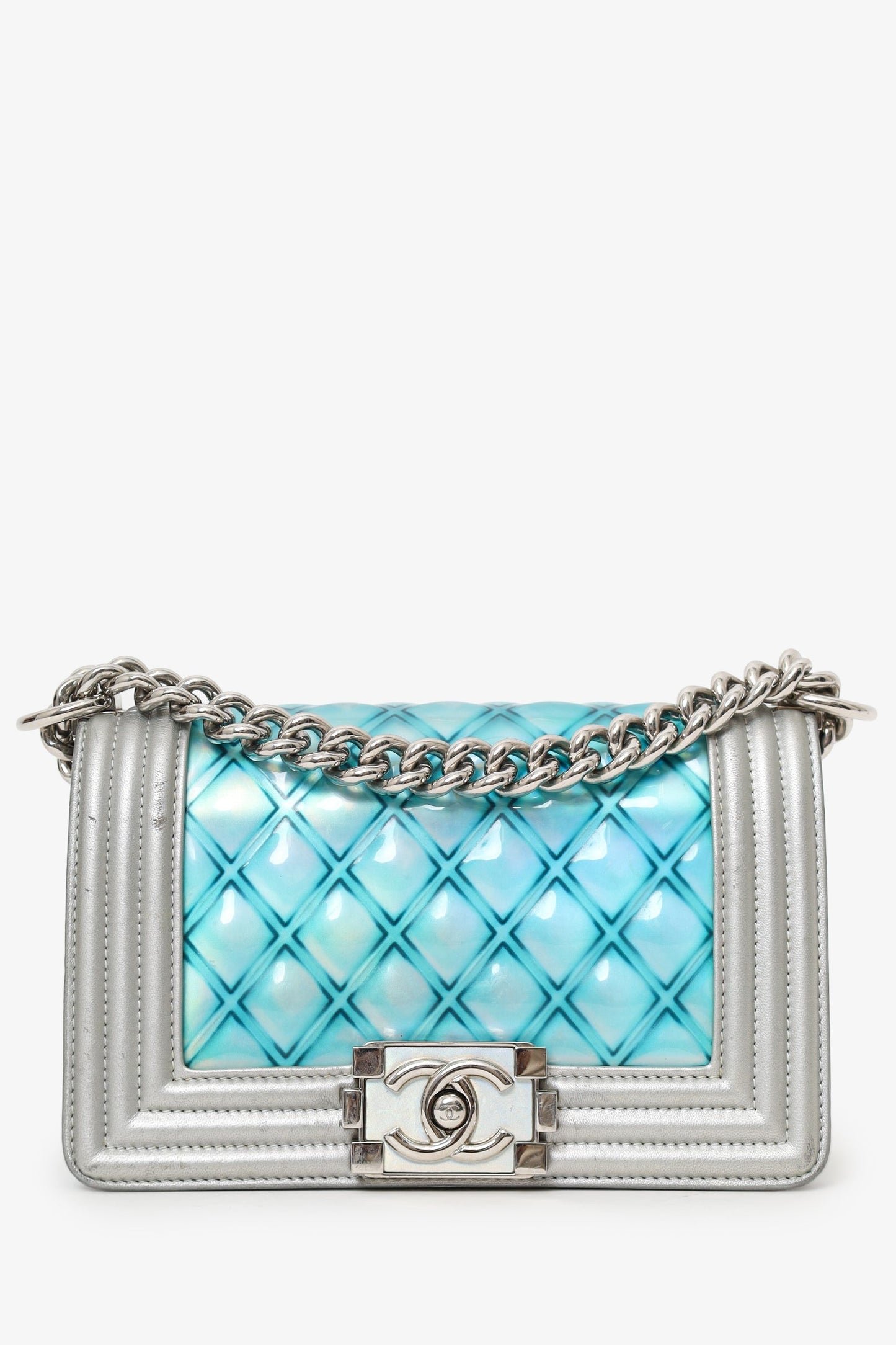 Chanel™ 2018 Iridescent Silver/Blue Leather/PVC Water Boy Small Bag