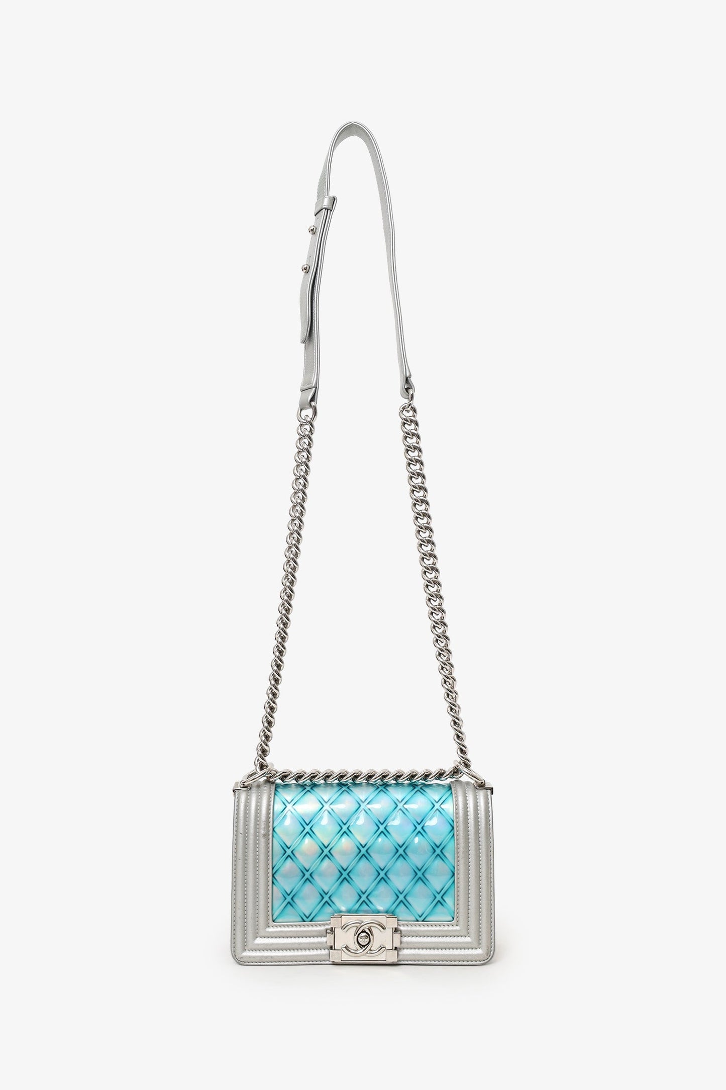 Chanel™ 2018 Iridescent Silver/Blue Leather/PVC Water Boy Small Bag