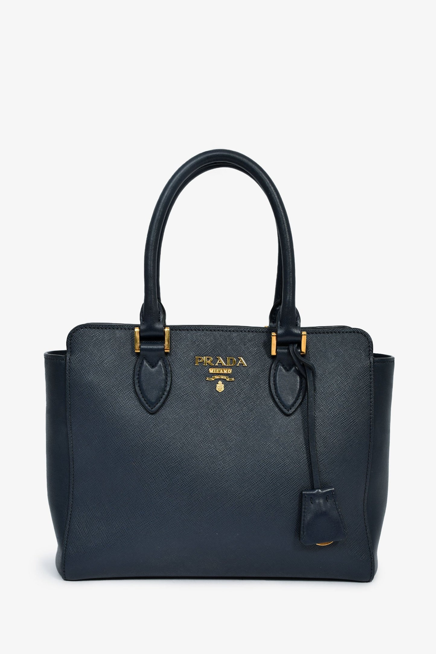 Prada Navy Blue Saffiano Leather Convertible Open Tote With Strap