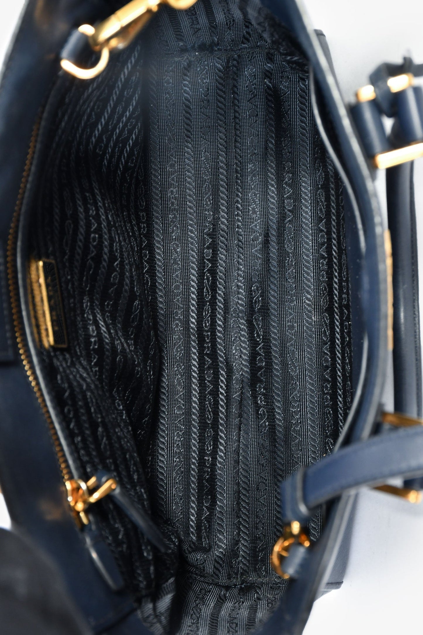 Prada Navy Blue Saffiano Leather Convertible Open Tote With Strap